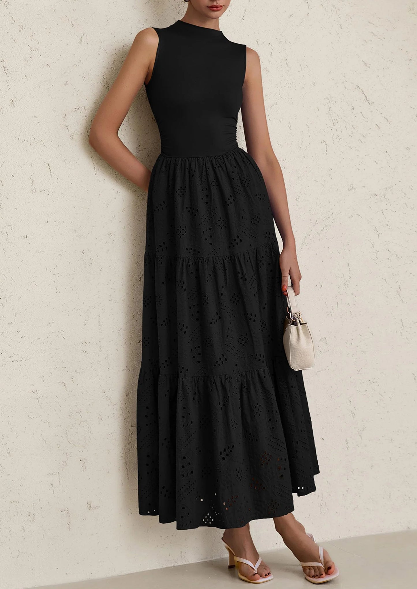 Dresses for Women Casual Eyelet Sleeveless Wedding Guest Maxi Dress Tank Top Sundress with Pockets