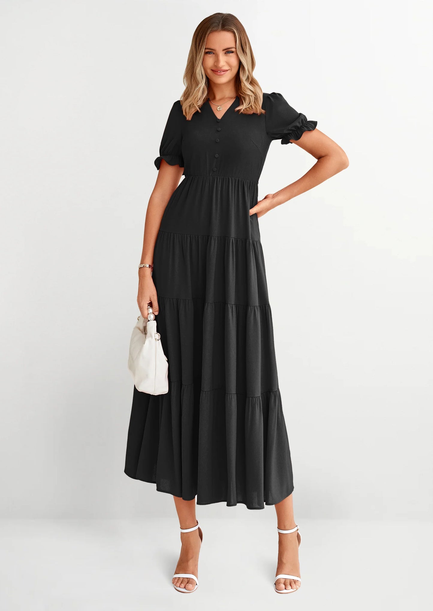 Women's Casual Short Sleeve V Neck Midi Dresses Spring A-line Tiered Wedding Guest Dress