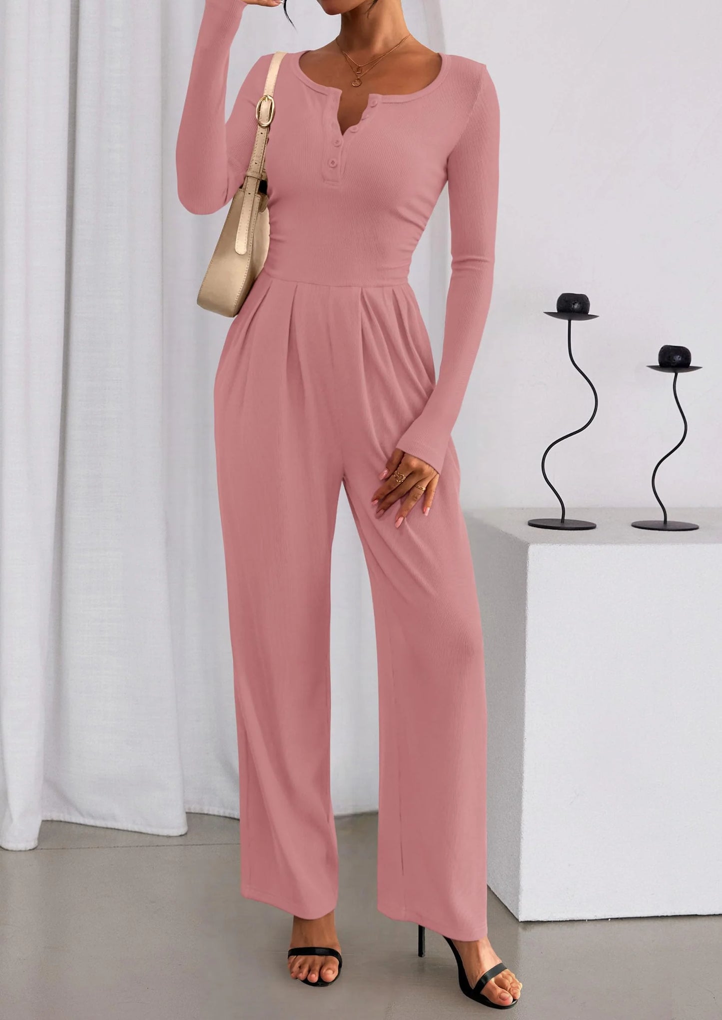 Jumpsuits for Women Dressy Casual Fall One Piece Outfits Long Sleeve Crew Neck Wide Leg Pants Rompers