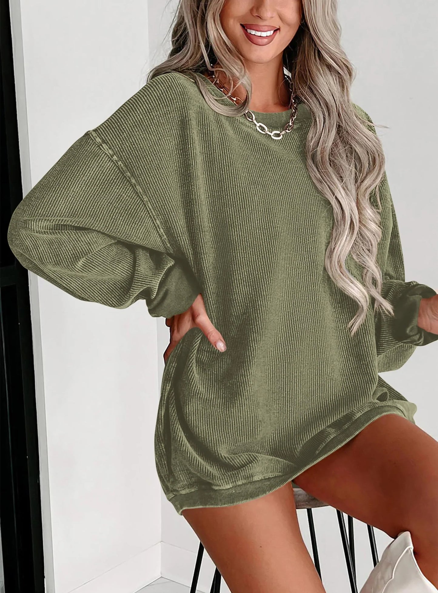 Women's Oversized Sweatshirt 2025 Fall Fashion Clothes Ribbed Corduroy Long Sleeve Going Out Pullover Tops
