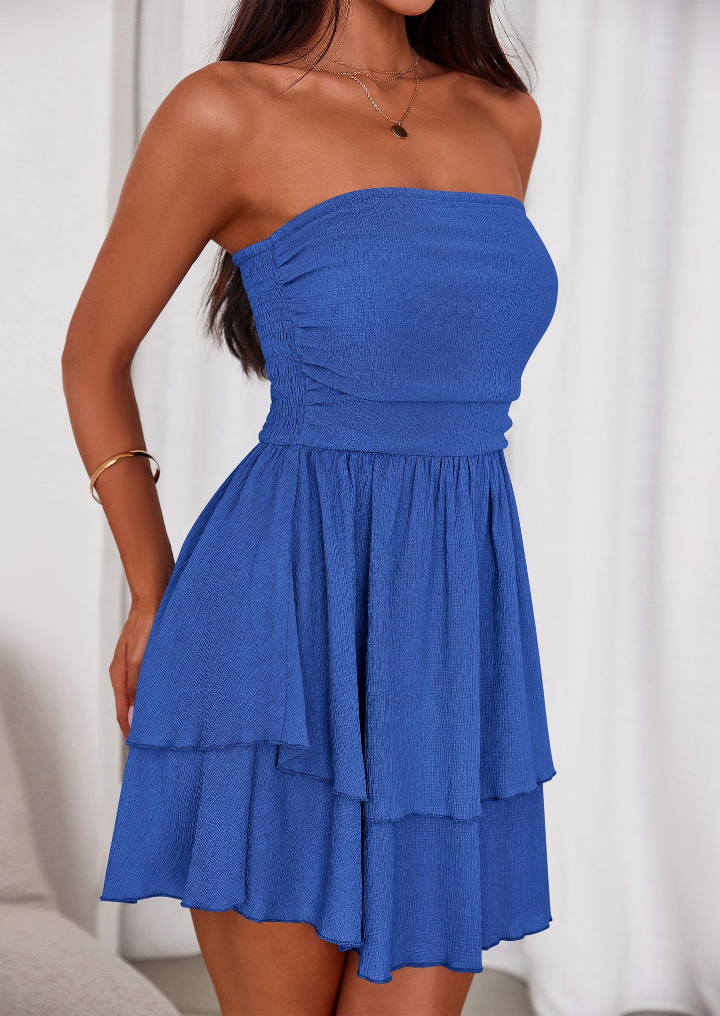 Women's Summer Strapless Tube Mini Dress Off Shoulder Smocked Ruffle A Line Flowy Short Party Club Dresses