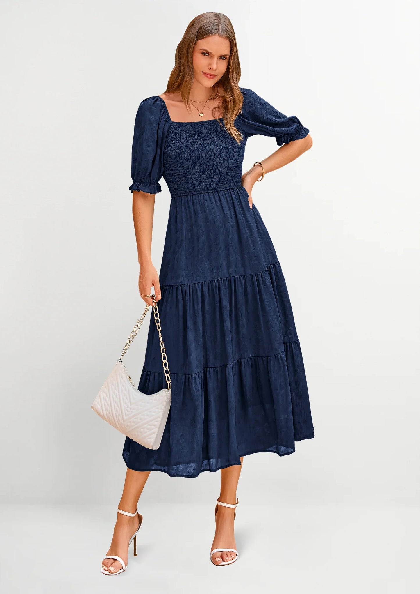 Women's Casual Midi Dresses Square Neck Short Sleeve Smocked A Line Floral Flowy Elegant Boho Dress