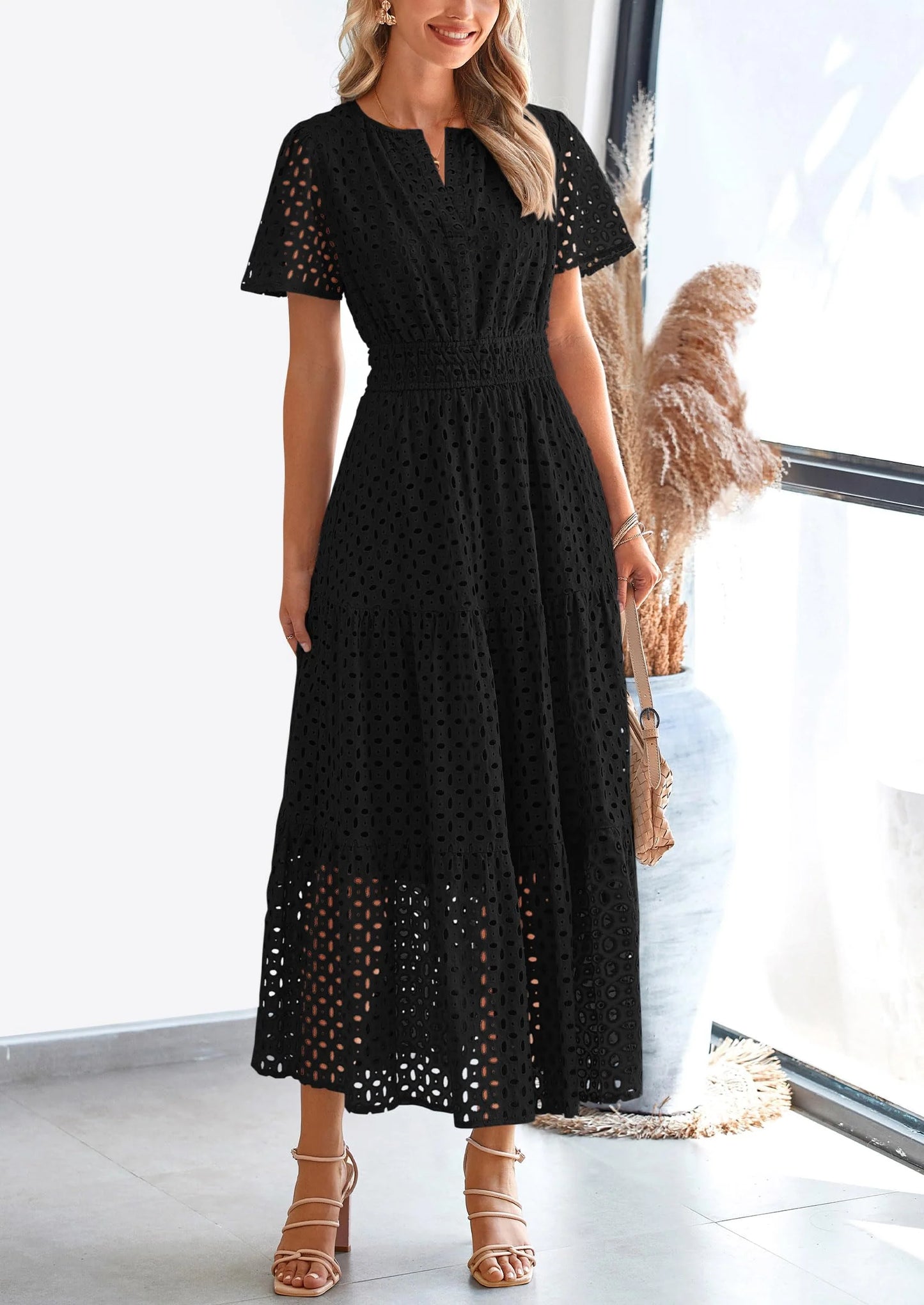 Womens Maxi Dress Short Sleeve V Neck Hollow Out Eyelet A Line Long Flowy Beach Vacation Dresses