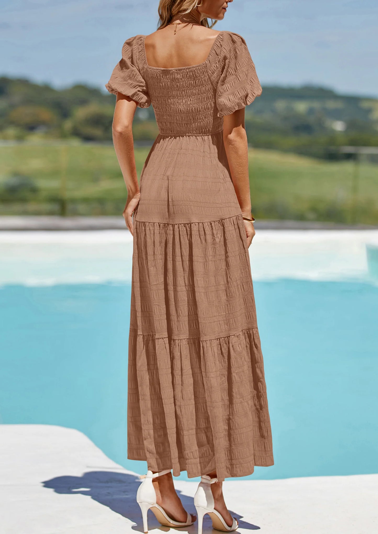 Womens Summer Puff Short Sleeve Maxi Dress Square Neck Smocked Tiered Ruffle A Line Long Flowy Beach Dresses