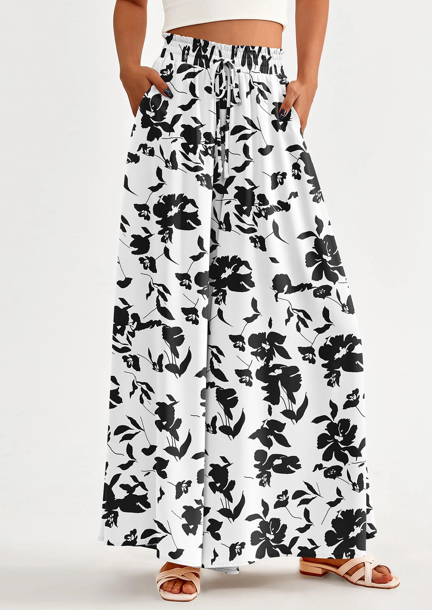 Women's Summer Wide Leg Palazzo Pants High Waisted Flowy Pockets Trendy Casual Lounge Boho Beach Trousers
