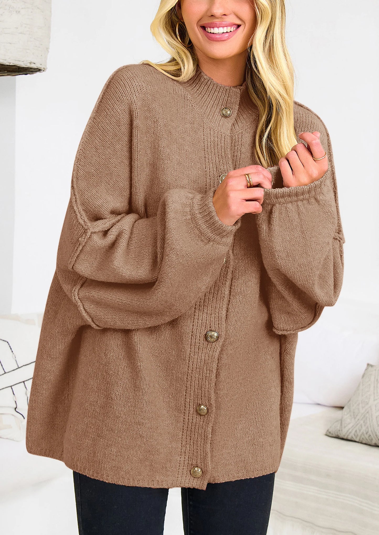 Women's Winter Button Down Cardigan Sweaters Mock Neck Lantern Long Sleeve Chunky Knit Jacket Trendy Outerwear