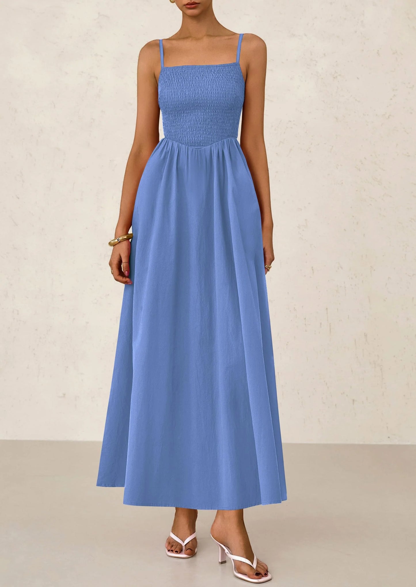 Women's Smocked Maxi Dresses Beach Sundress Casual Spaghetti Strap Swing A Line Long Flowy Dress