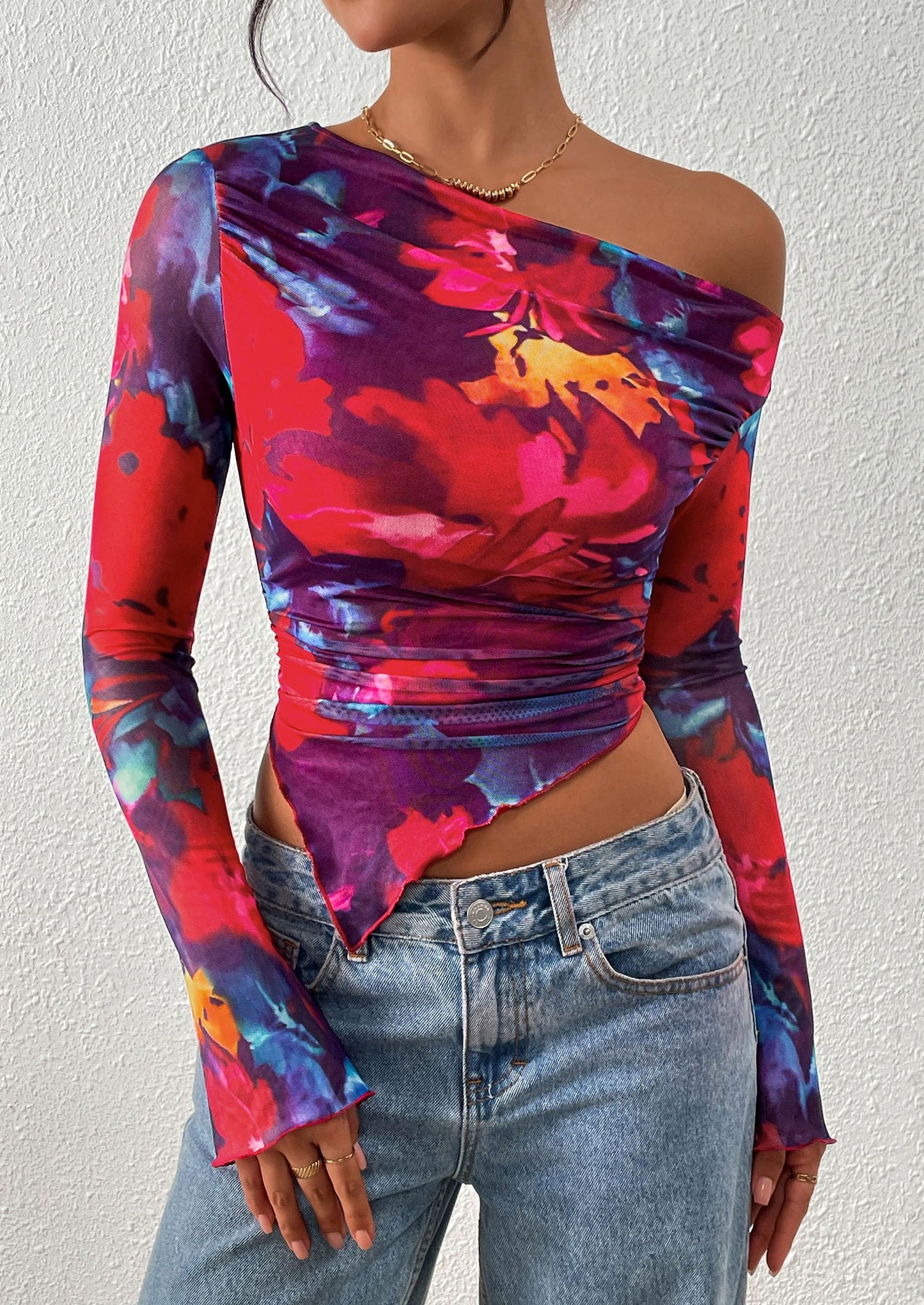 Womens Fall Trendy Off Shoulder Tops Tie Dye Mesh Long Sleeve Shirts Asymmetrical Ruched Floral Blouse