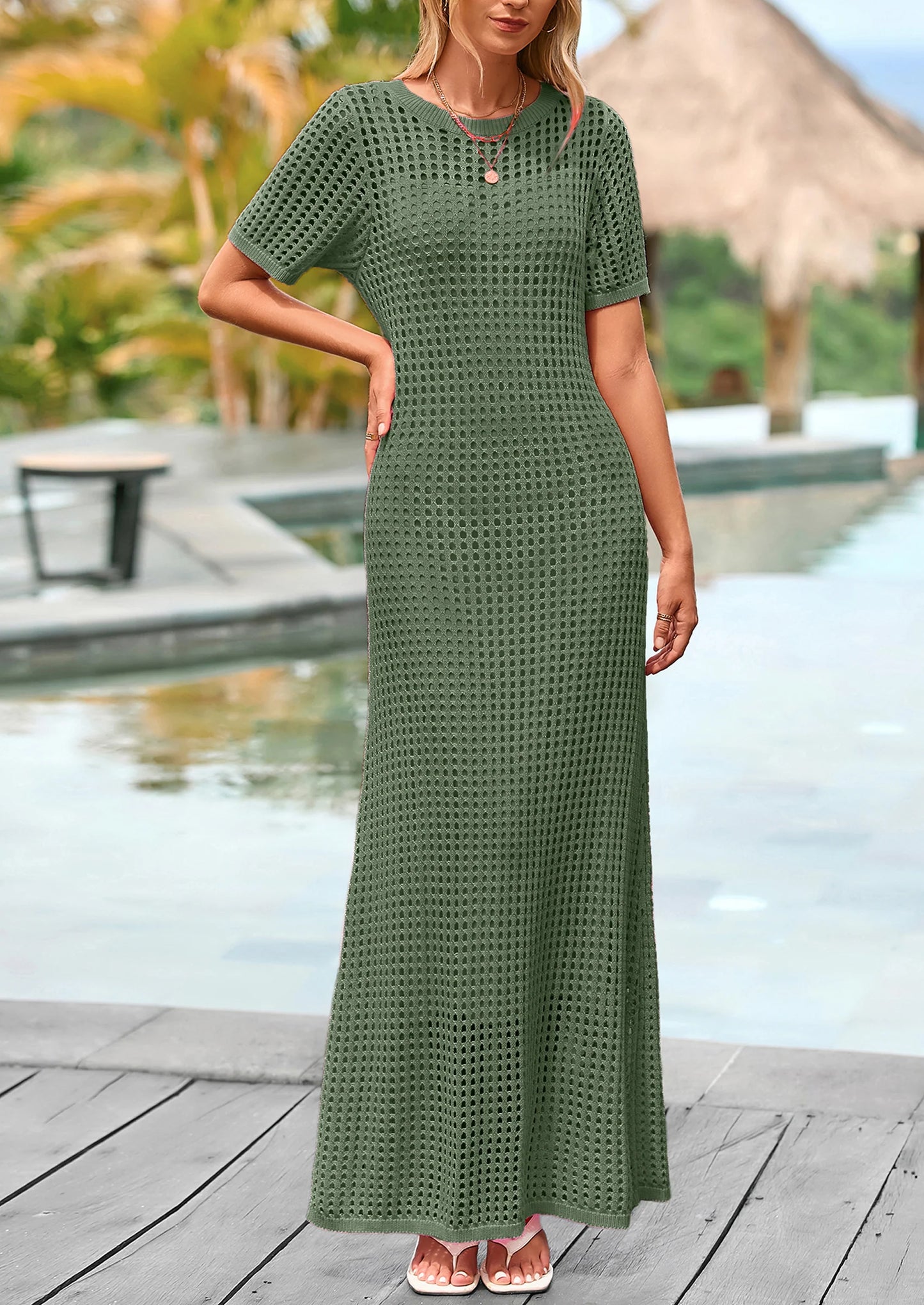 Womens Eyelet Cover Up Dress Summer Vacation Resort Maxi Dresses Beach Short Sleeve Hollow Out Sundress