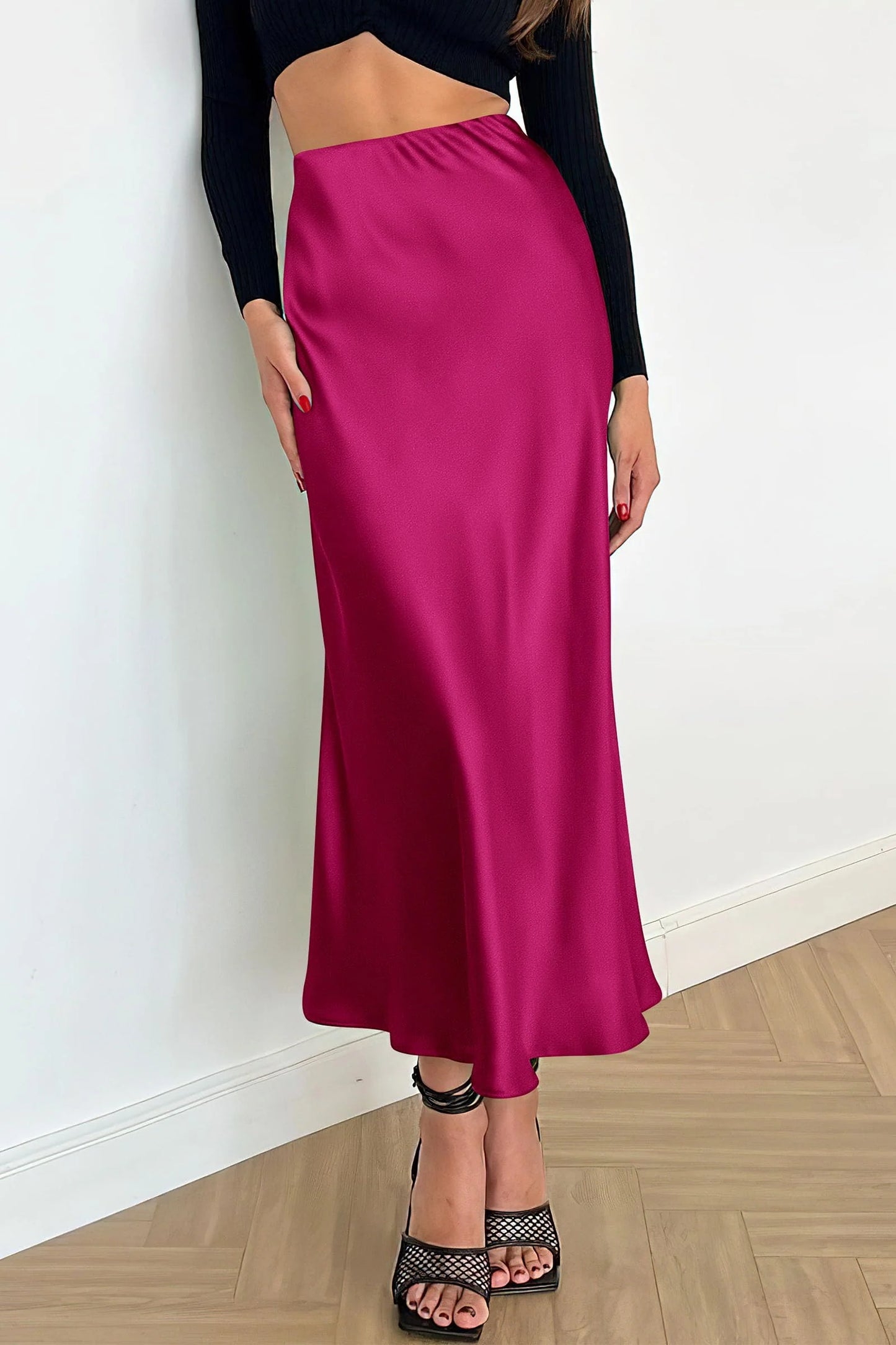 Women's Satin Skirts Dressy Casual Fall High Waisted Cocktail Wedding Flowy Elegant A Line Midi Skirt