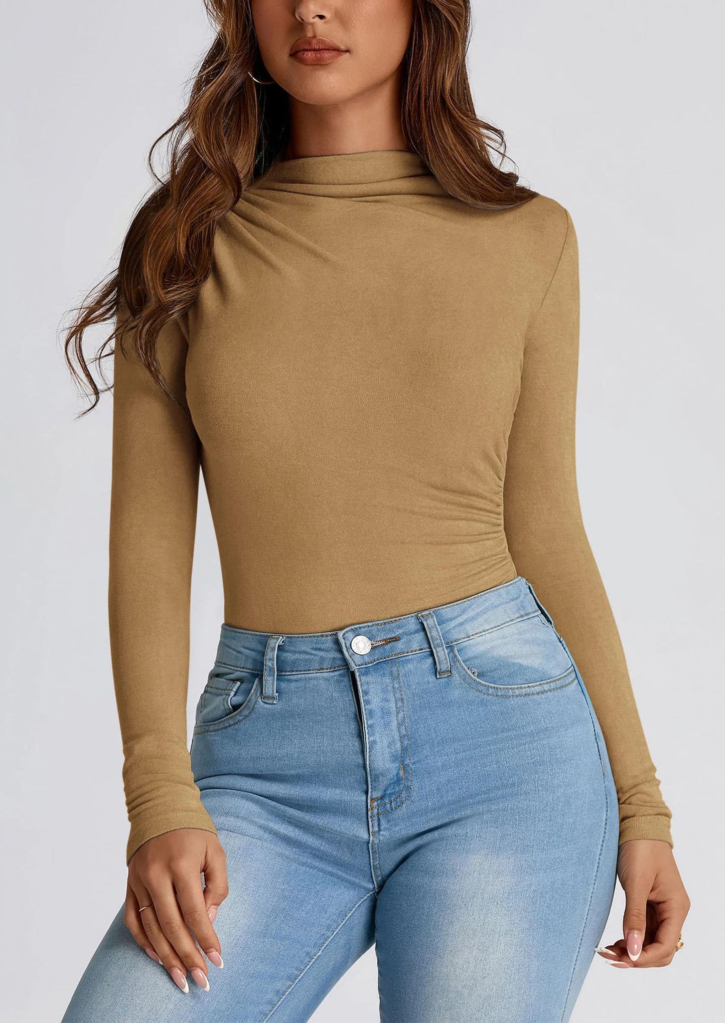 Womens Fall Y2K Going Out Crop Tops Long Sleeve Mock Neck Ruched Slim Fitted Basic Trendy Casual T Shirts Blouse