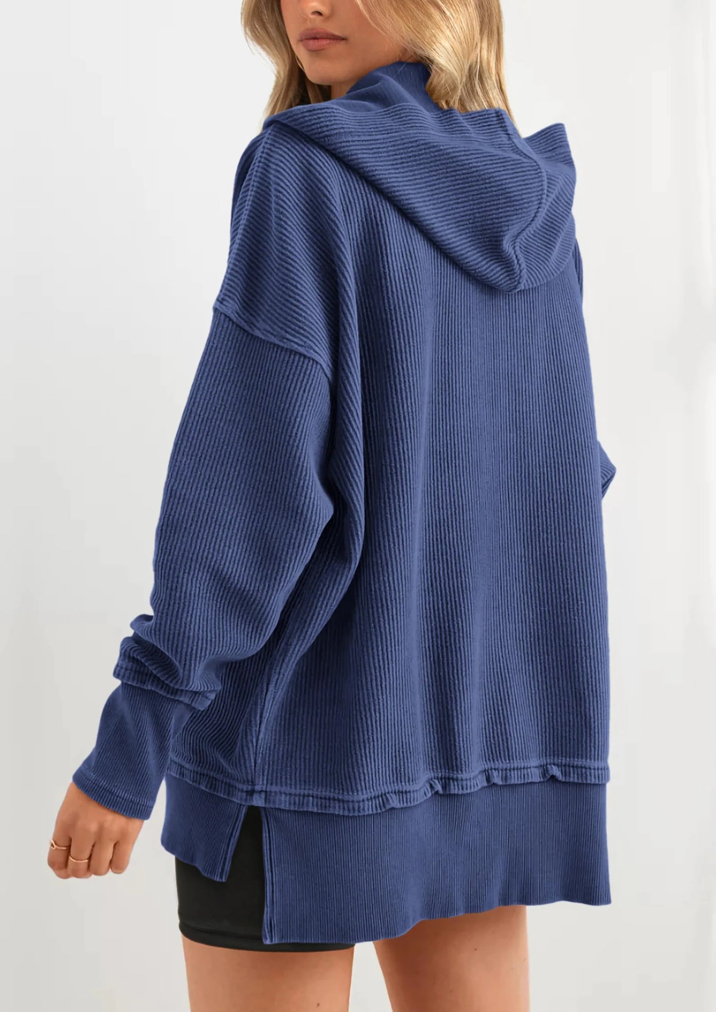 Womens Fashion Oversized Long Sleeve Hoodie Button Down V Neck Sweatshirt Side Slit Casual Pullover Tops