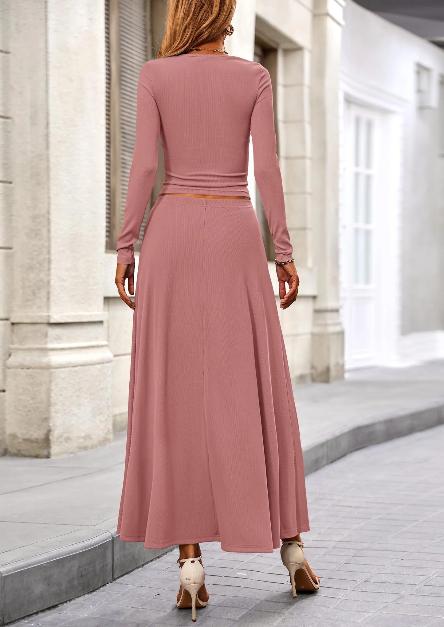 2 Piece Casual Ribbed Knit Long Sleeve Crop Tops Maxi Flowy Skirts Matching Sets