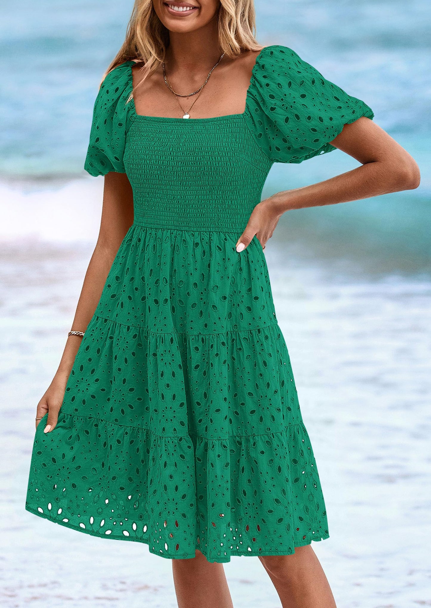 Womens Summer Puff Sleeve Mini Dress Off Shoulder Eyelet Smocked A Line Casual Babydoll Short Dresses