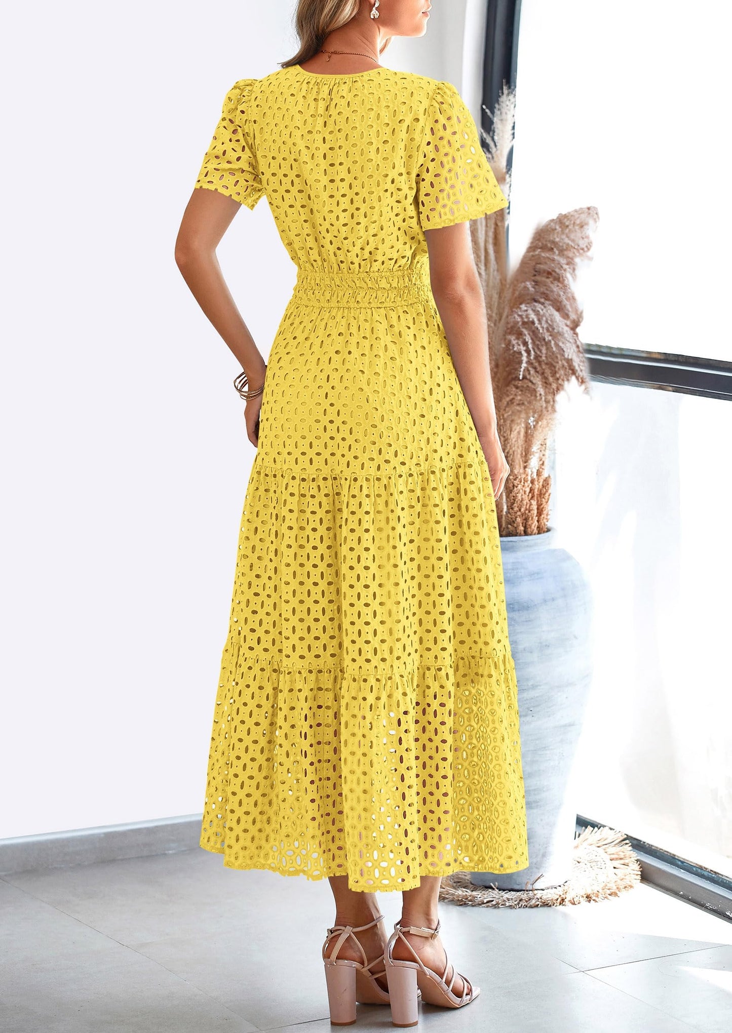 Womens Maxi Dress Short Sleeve V Neck Hollow Out Eyelet A Line Long Flowy Beach Vacation Dresses