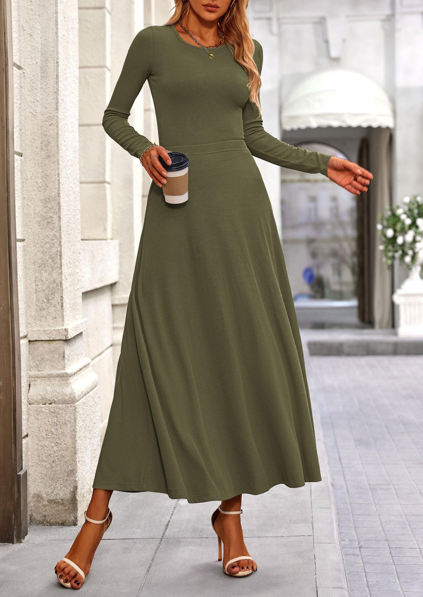 2 Piece Casual Ribbed Knit Long Sleeve Crop Tops Maxi Flowy Skirts Matching Sets