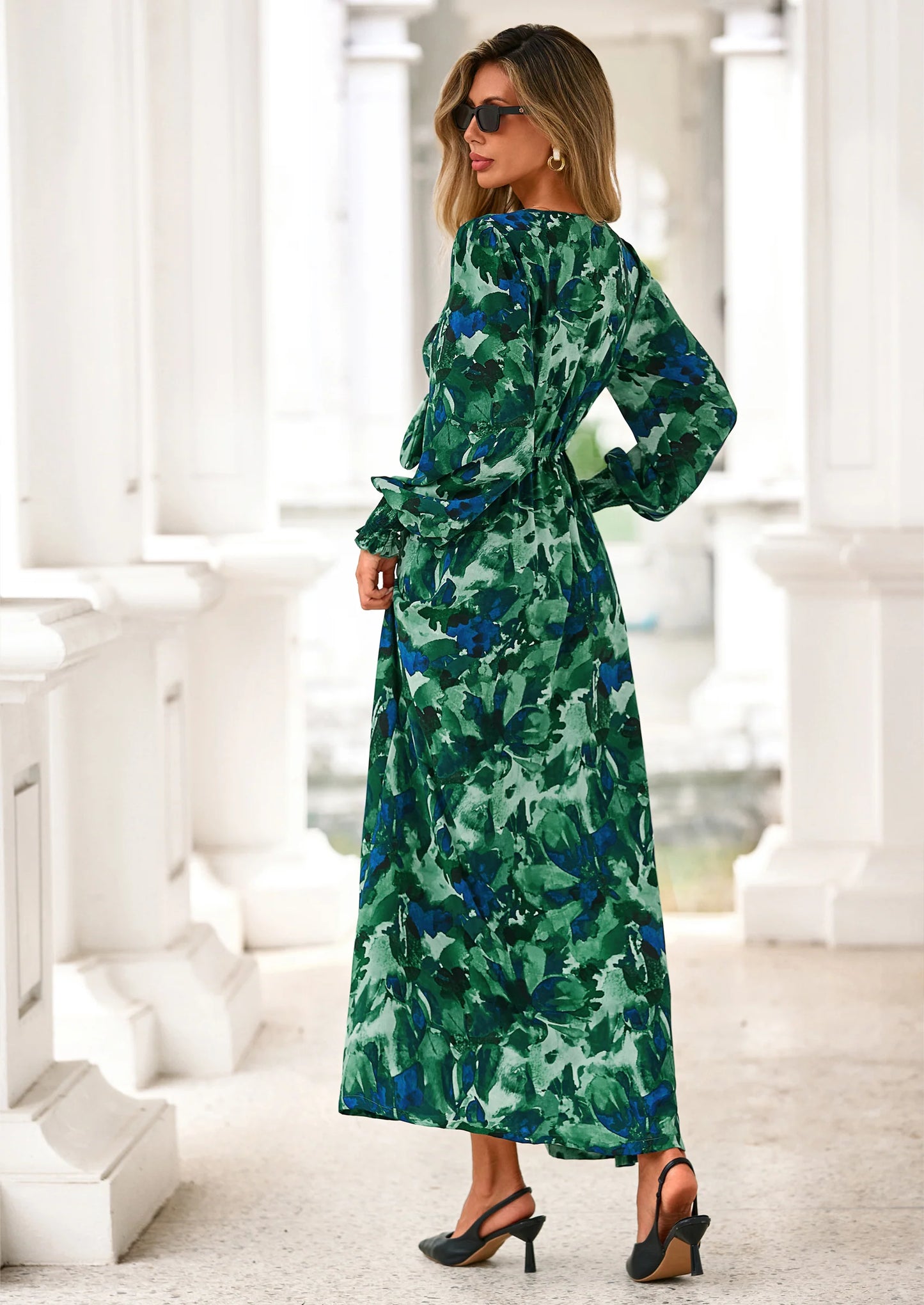 Women's Fall Boho Maxi Dress Floral Long Sleeve V Neck Flowy Belted Elegant Holiday Party Dresses
