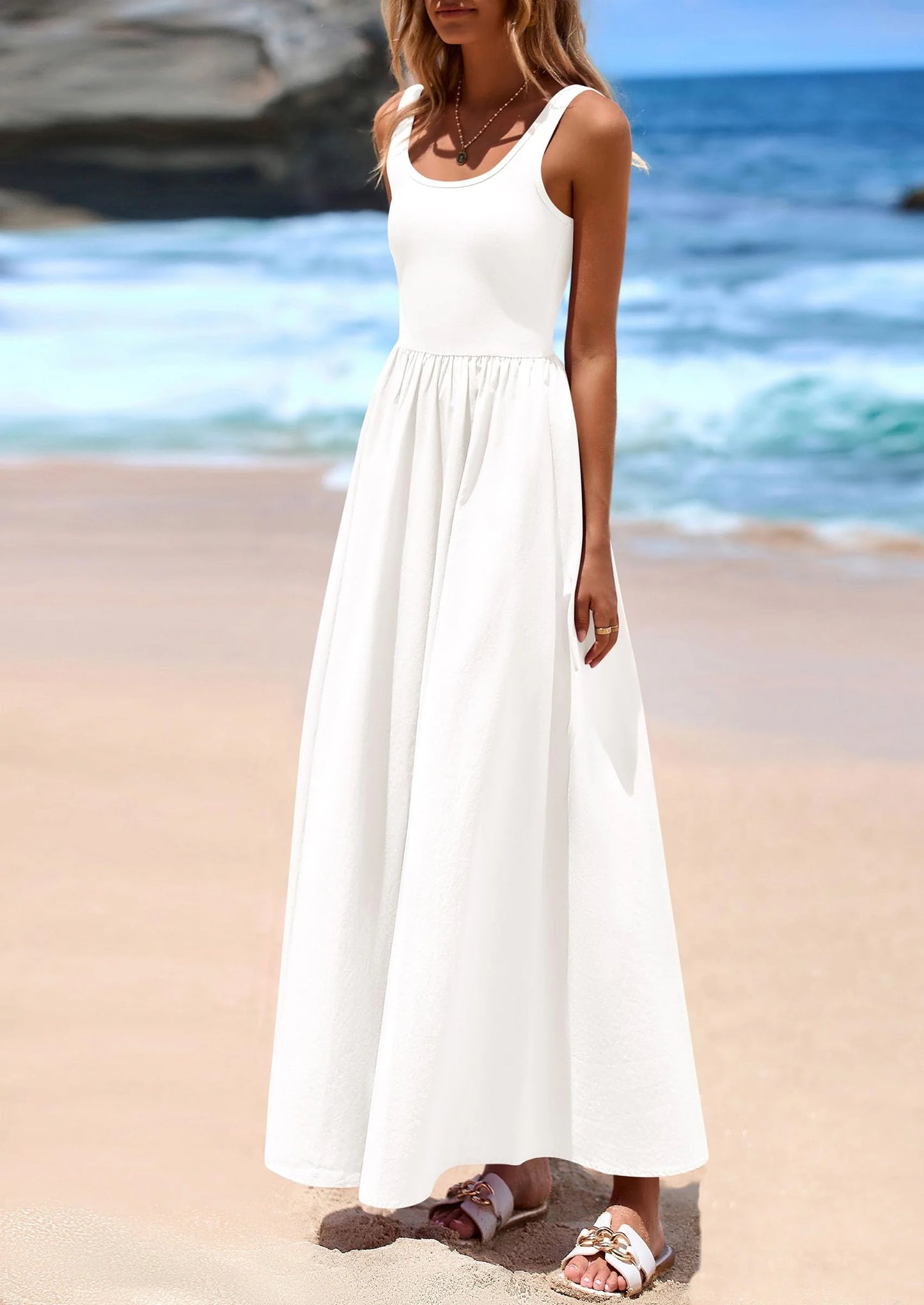 Womens Summer Casual Scoop Neck Sleeveless Long Dresses Tank Top Patchwork Aline Swing Maxi Dress with Pockets