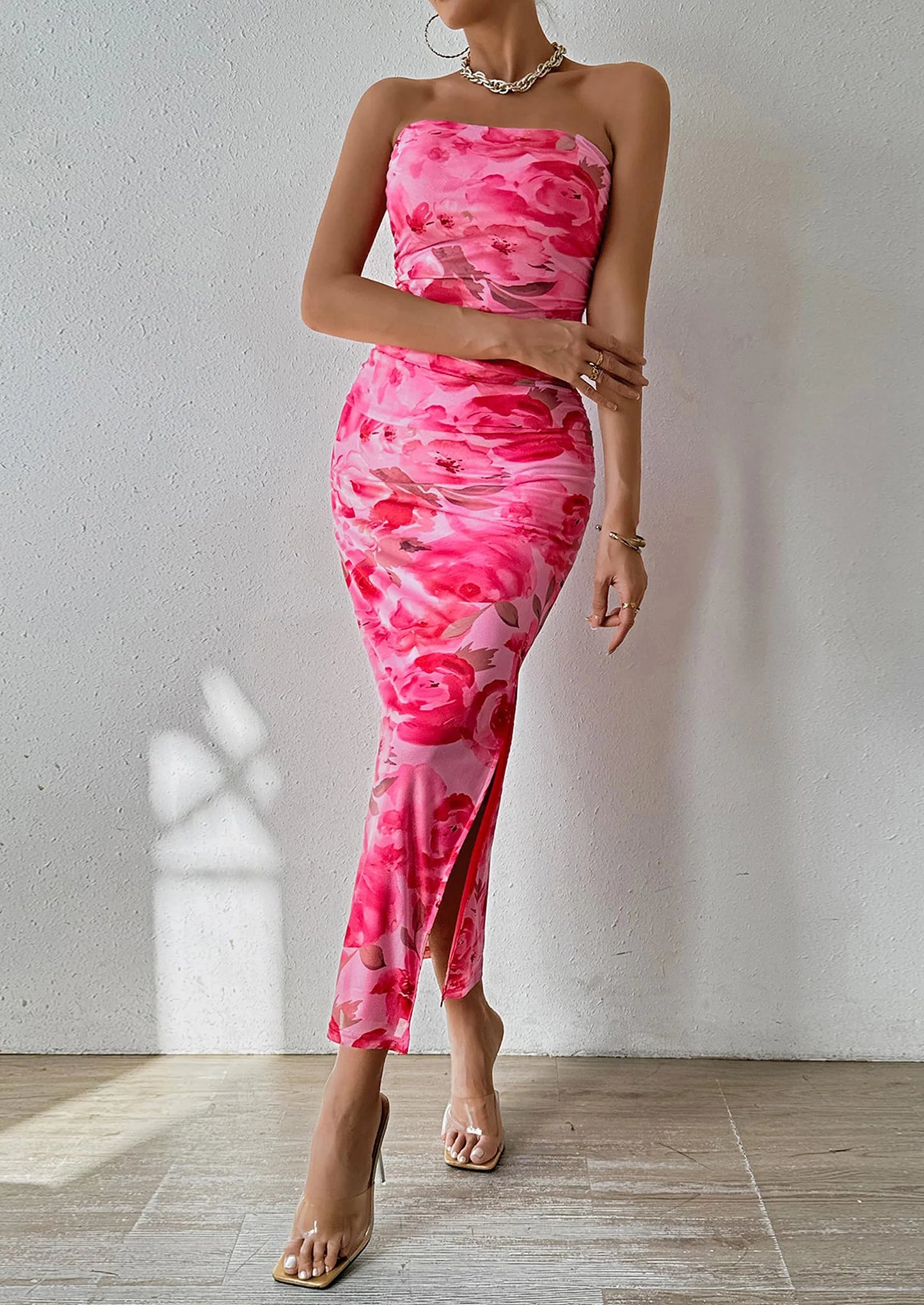 Women's Maxi Bodycon Dresses Strapless Tube Top Slit Floral Printed Party Club Long Dress
