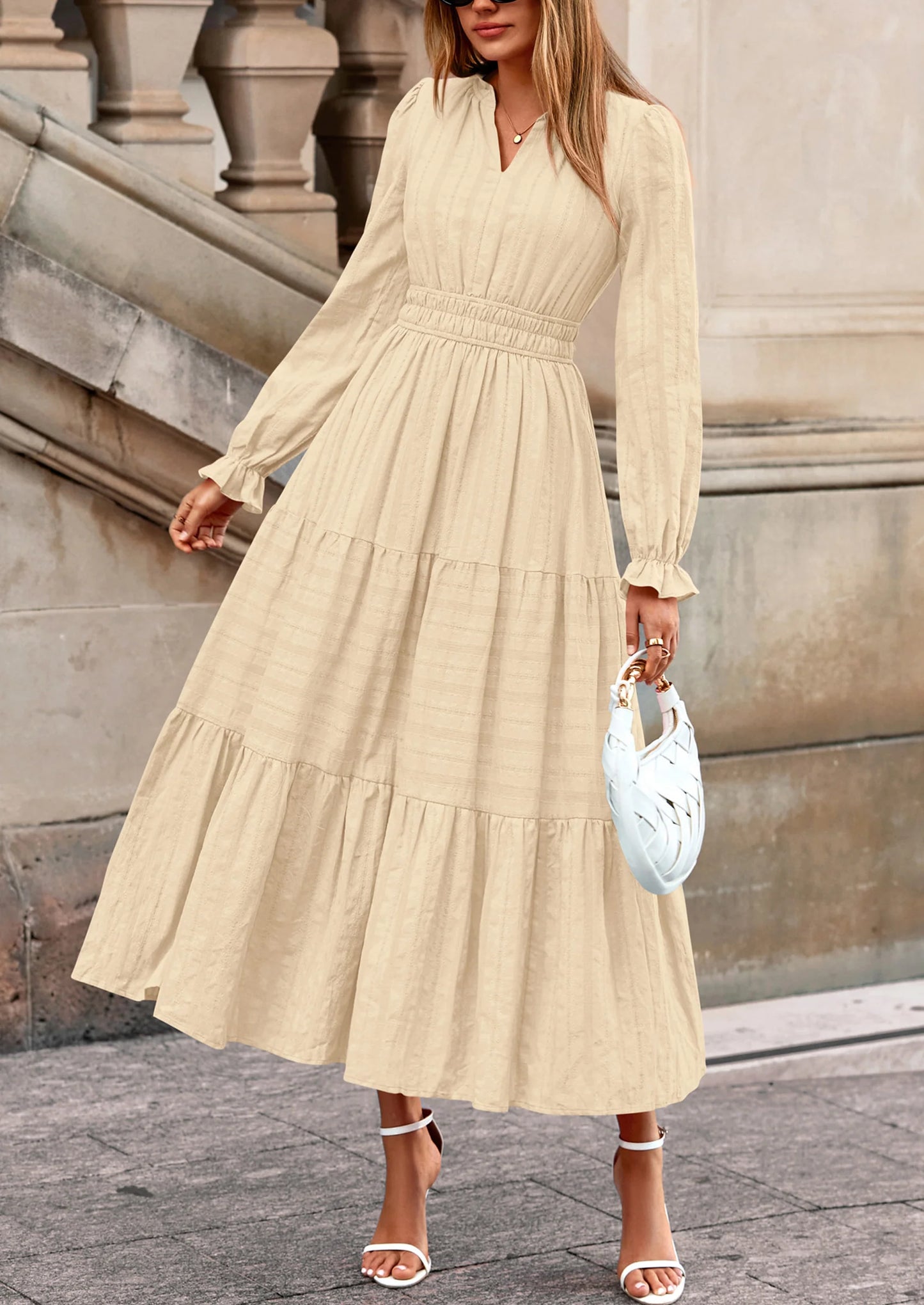 Women's Fall Wedding Guest Dresses Long Sleeve V Neck Flowy Elegant Holiday Party Maxi Dress with Pockets