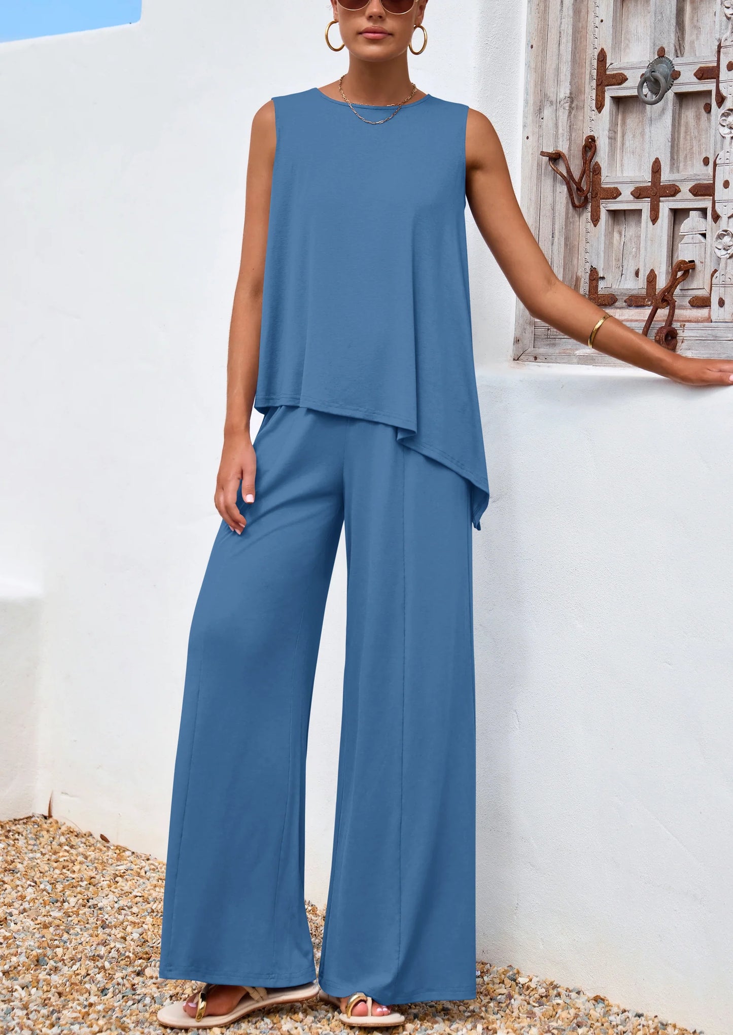 Women's Two Piece Matching Lounge Sets Asymmetrical Split Tank Tops Wide Leg Pants Summer Outfits Tracksuit