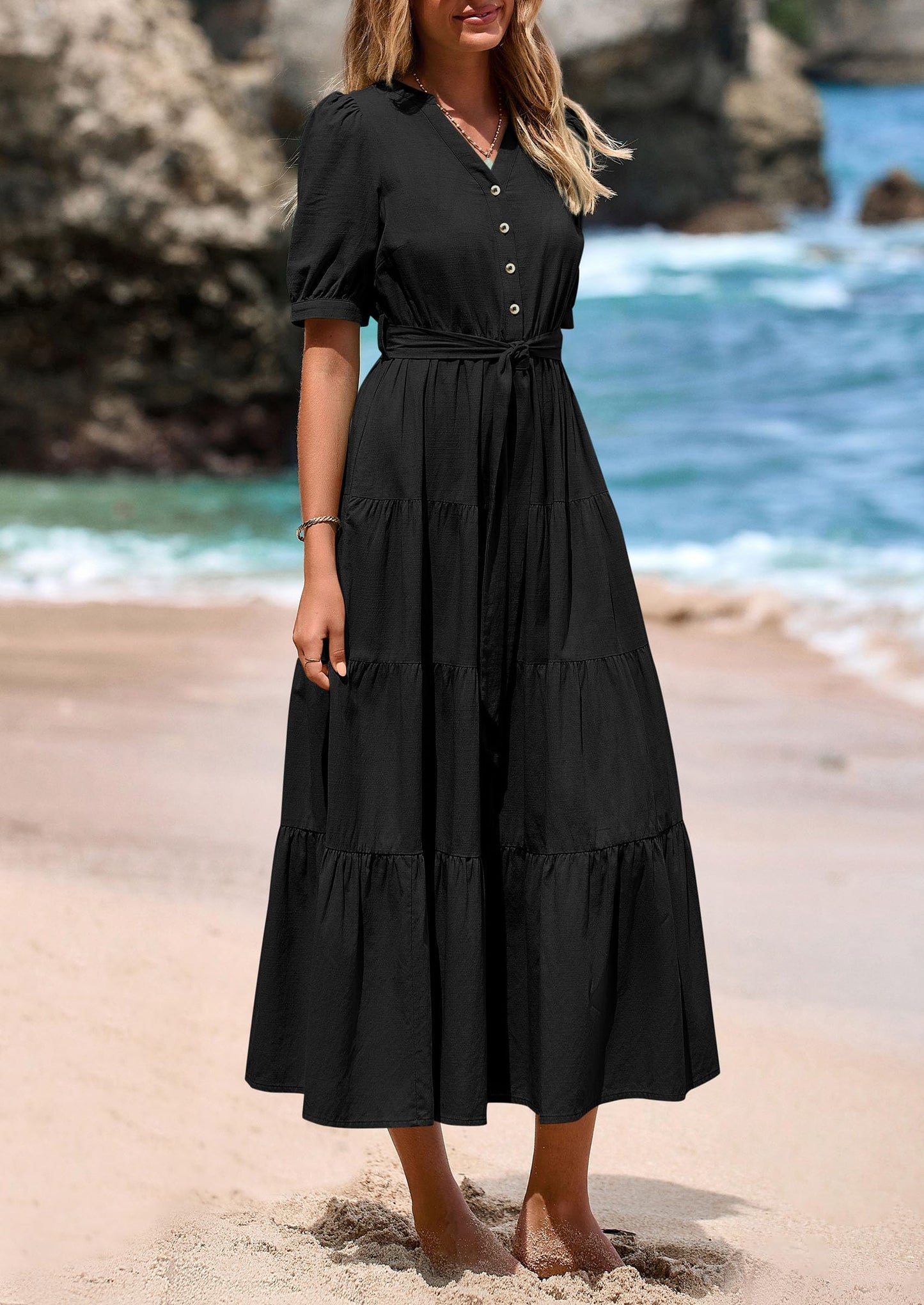 Women's Midi Dress Casual Short Sleeve V Neck Buttons Belted Ruffle A Line Flowy Dress with Pockets