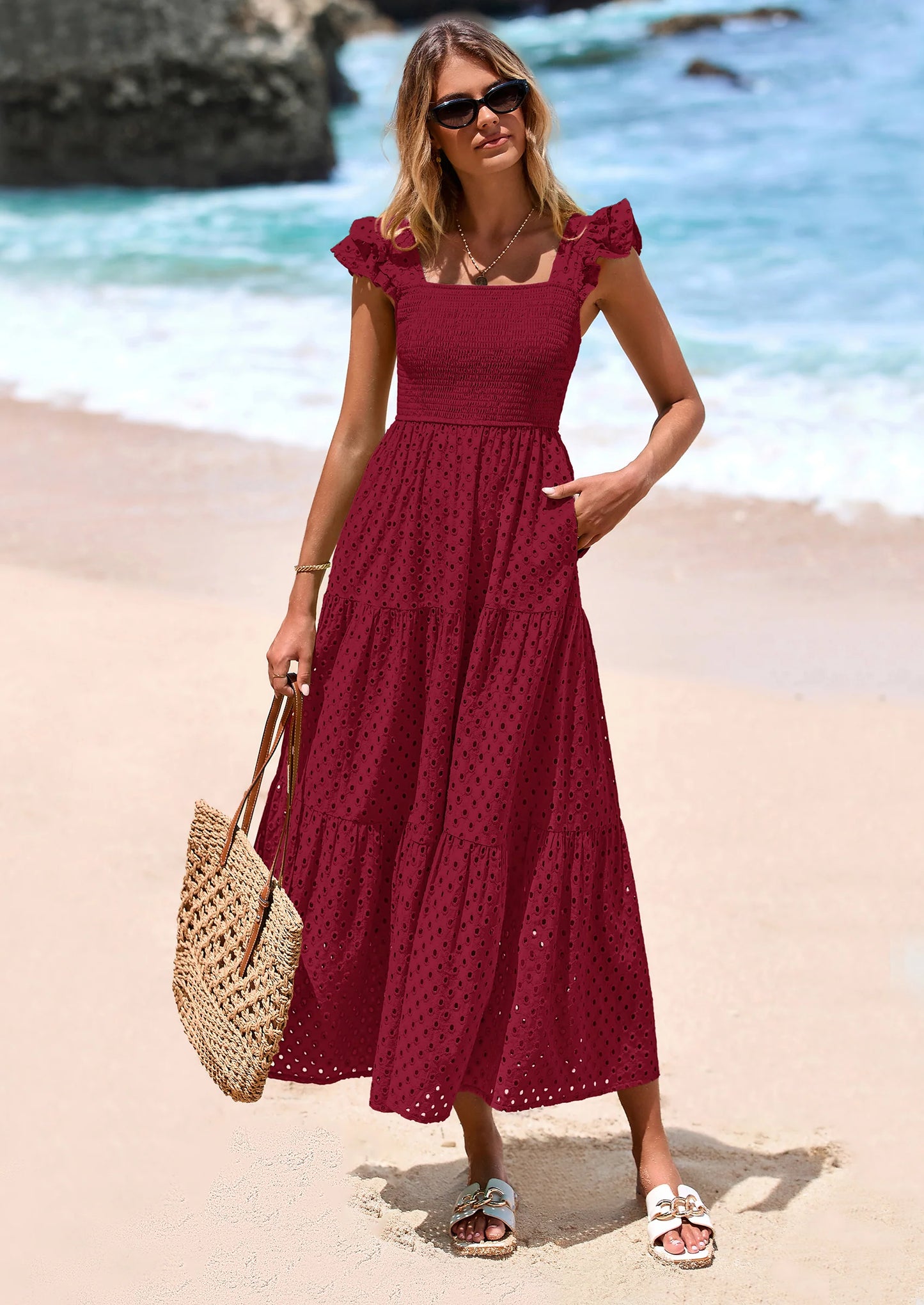 Womens Square Neck Maxi Dresses Cap Sleeve Eyelet Smocked Tiered A Line Flowy Long Dress with Pockets