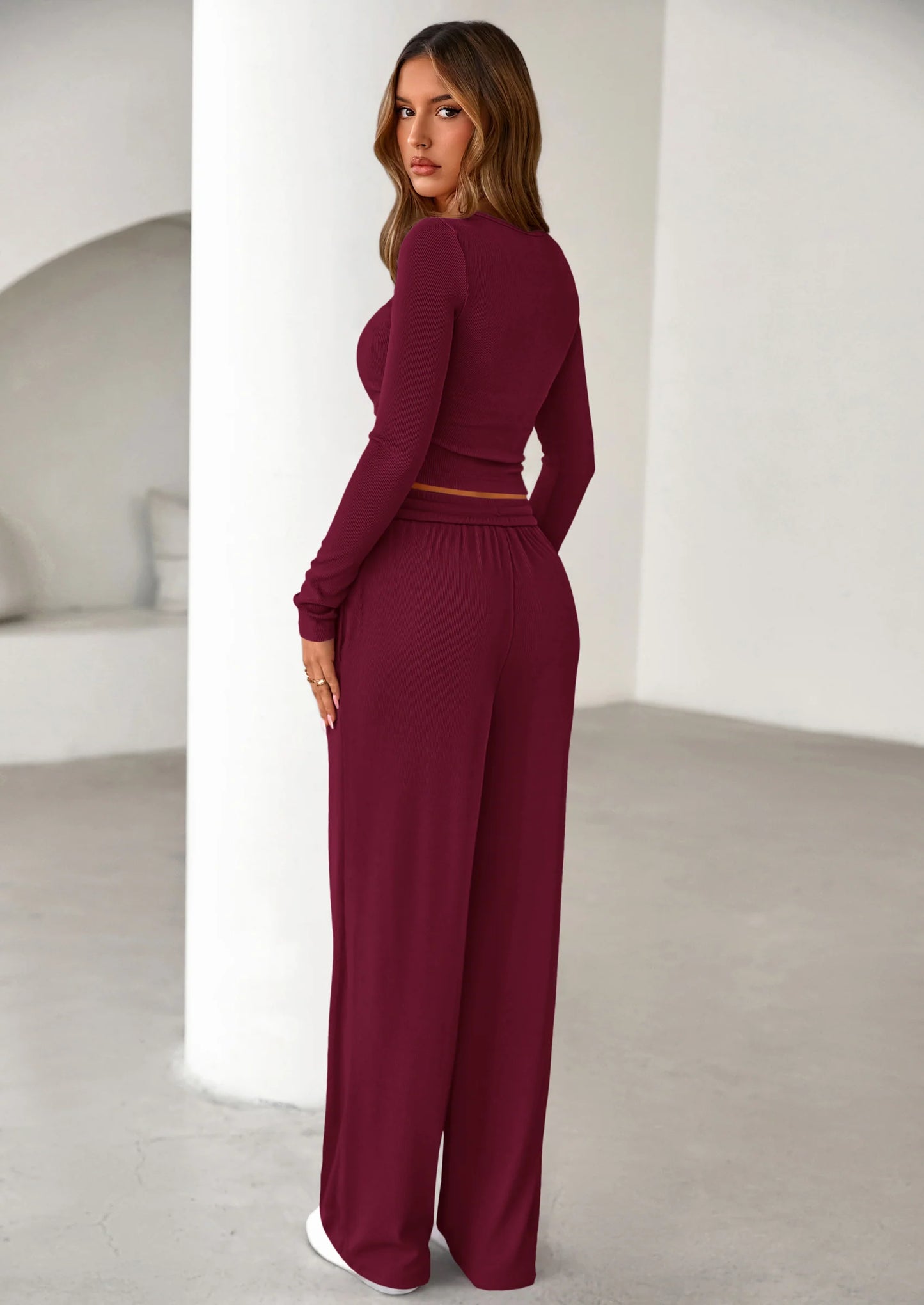 Women's Fall Trendy 2 Piece Outfits Lounge Sets Long Sleeve Top Henley Shirts Wide Leg Pants Travel Clothes