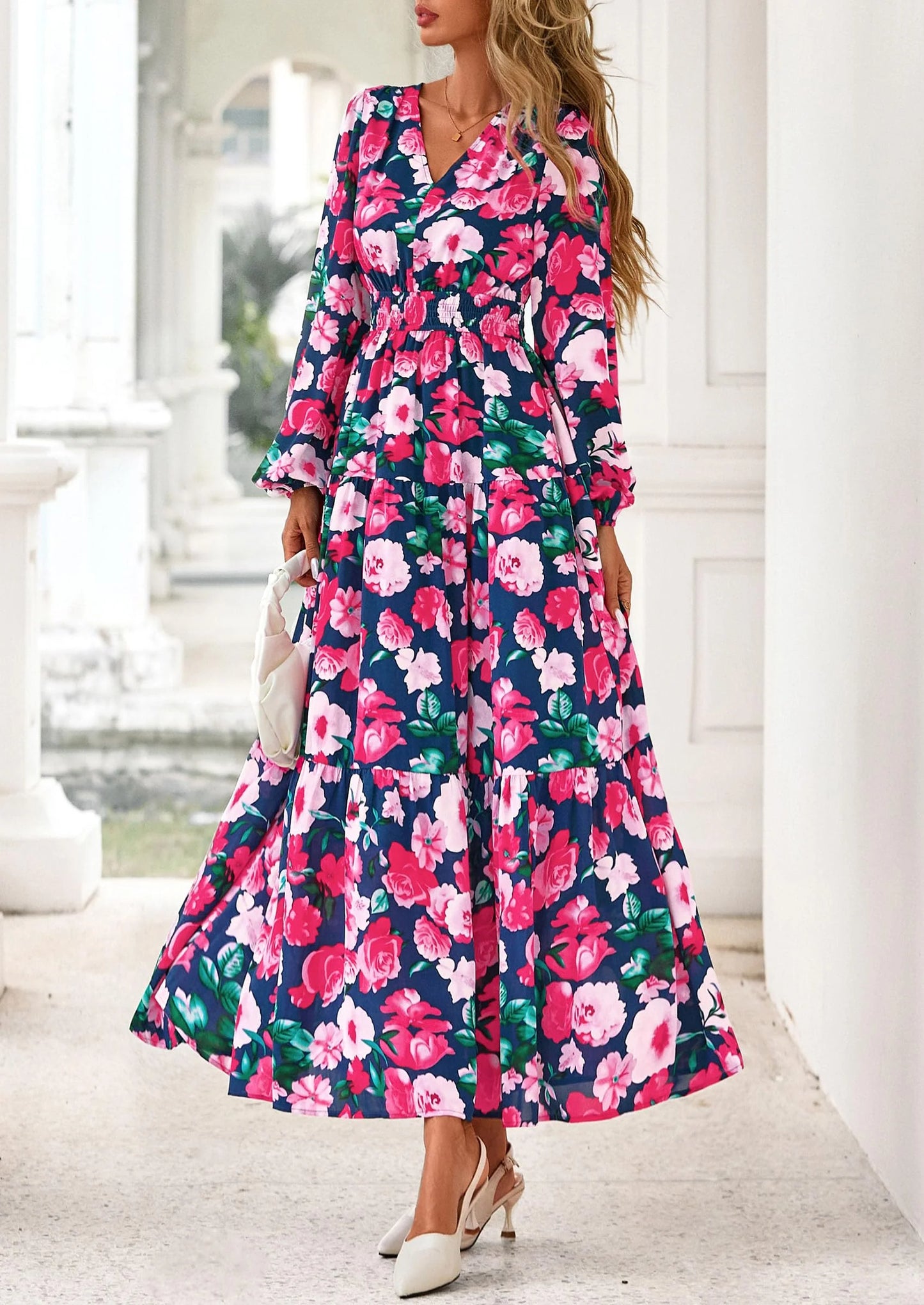 Long Sleeve Maxi Fall Dresses for Women Vneck Smocked Boho Floral Tiered Swing Flowy Wedding Guest Dress