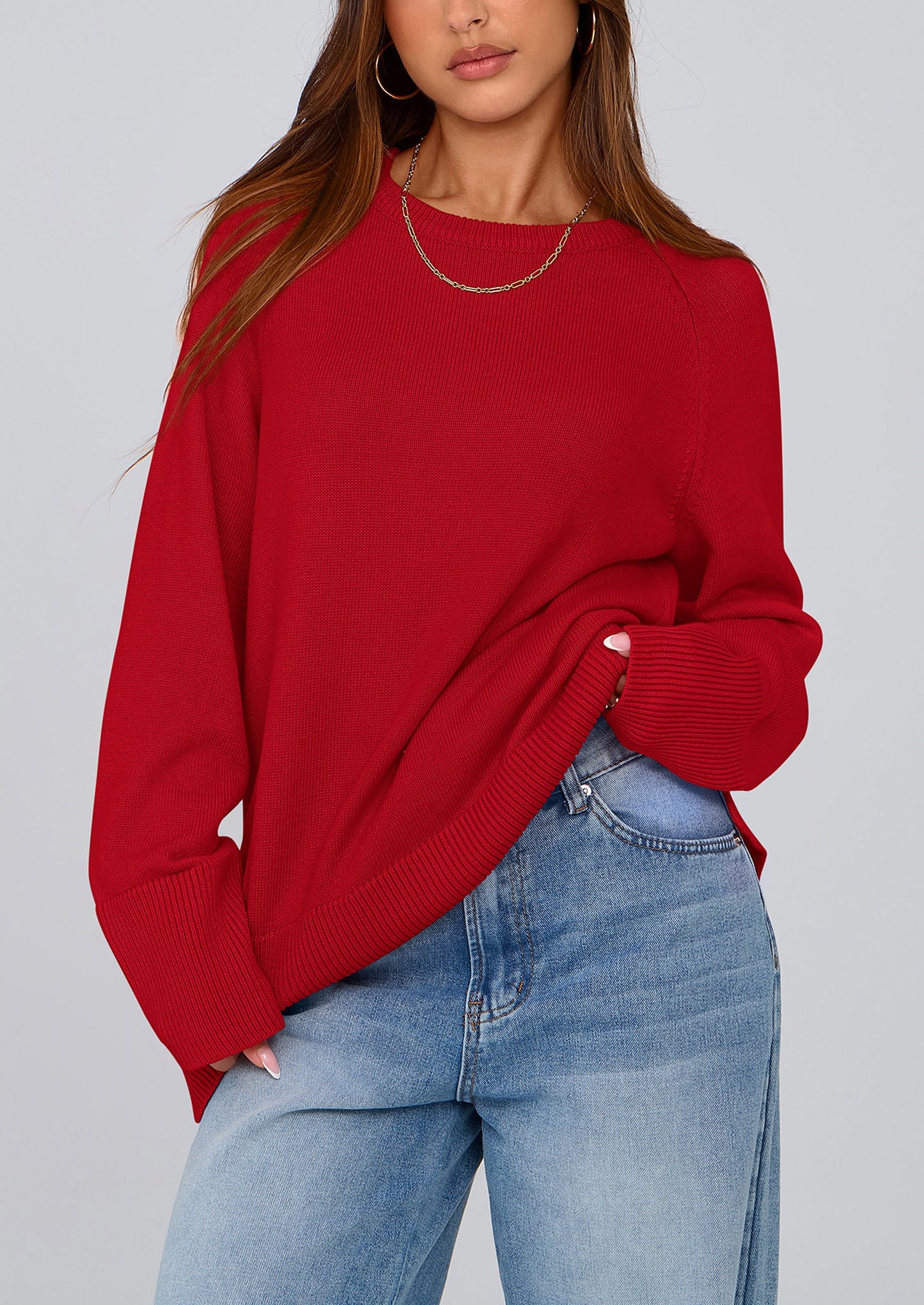 Women's Knit Fall Sweaters Long Sleeve Pullover Crewneck Split Hem Oversized Tunic Sweater Tops Winter Clothing