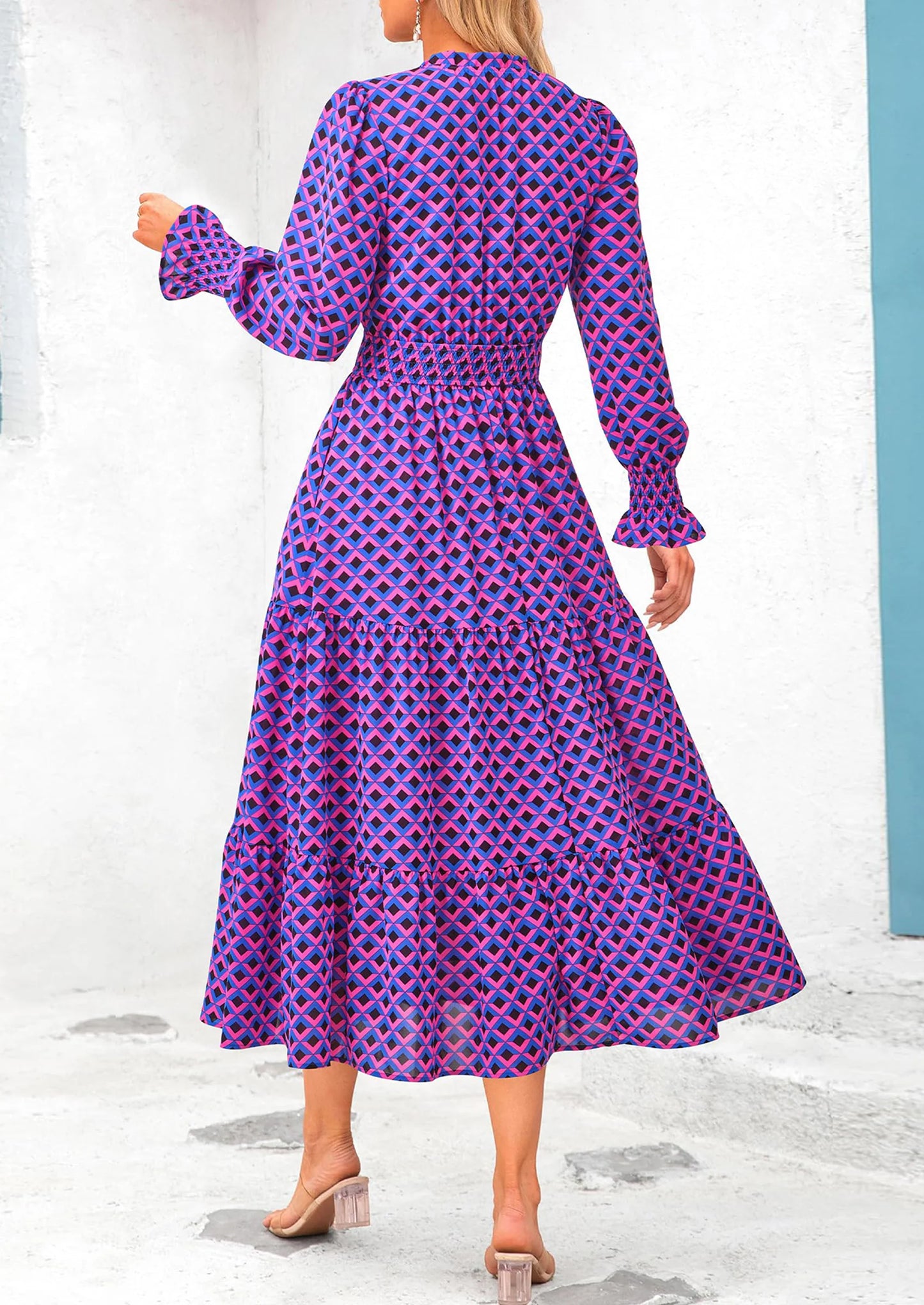 Women's Floral Maxi Dress Spring Long Sleeve V Neck Casual A Line Long Flowy Boho Party Dresses