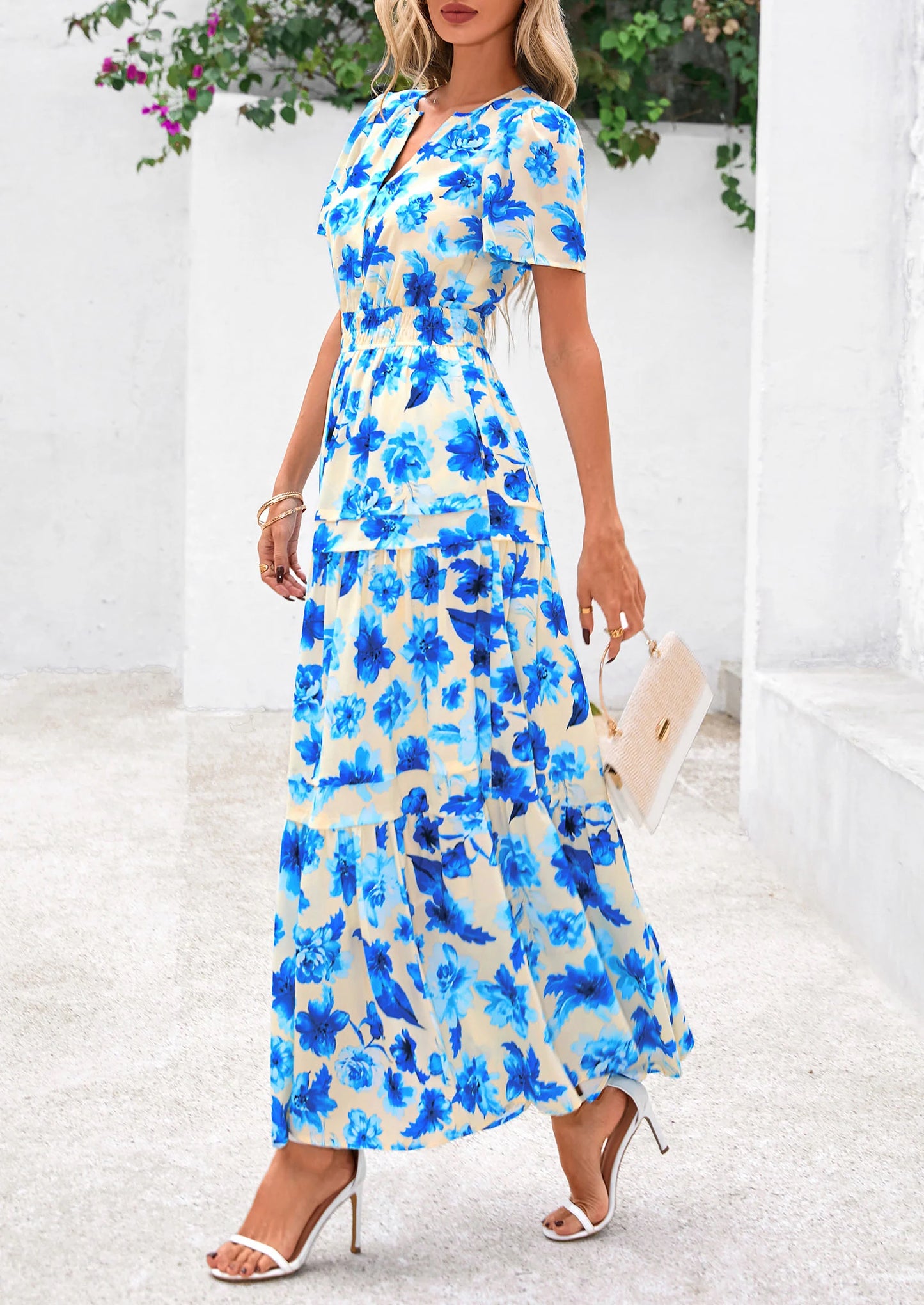 Women's Boho Maxi Dresses Floral Short Sleeve V Neck A Line Tiered Flowy Long Beach Vacation Dress