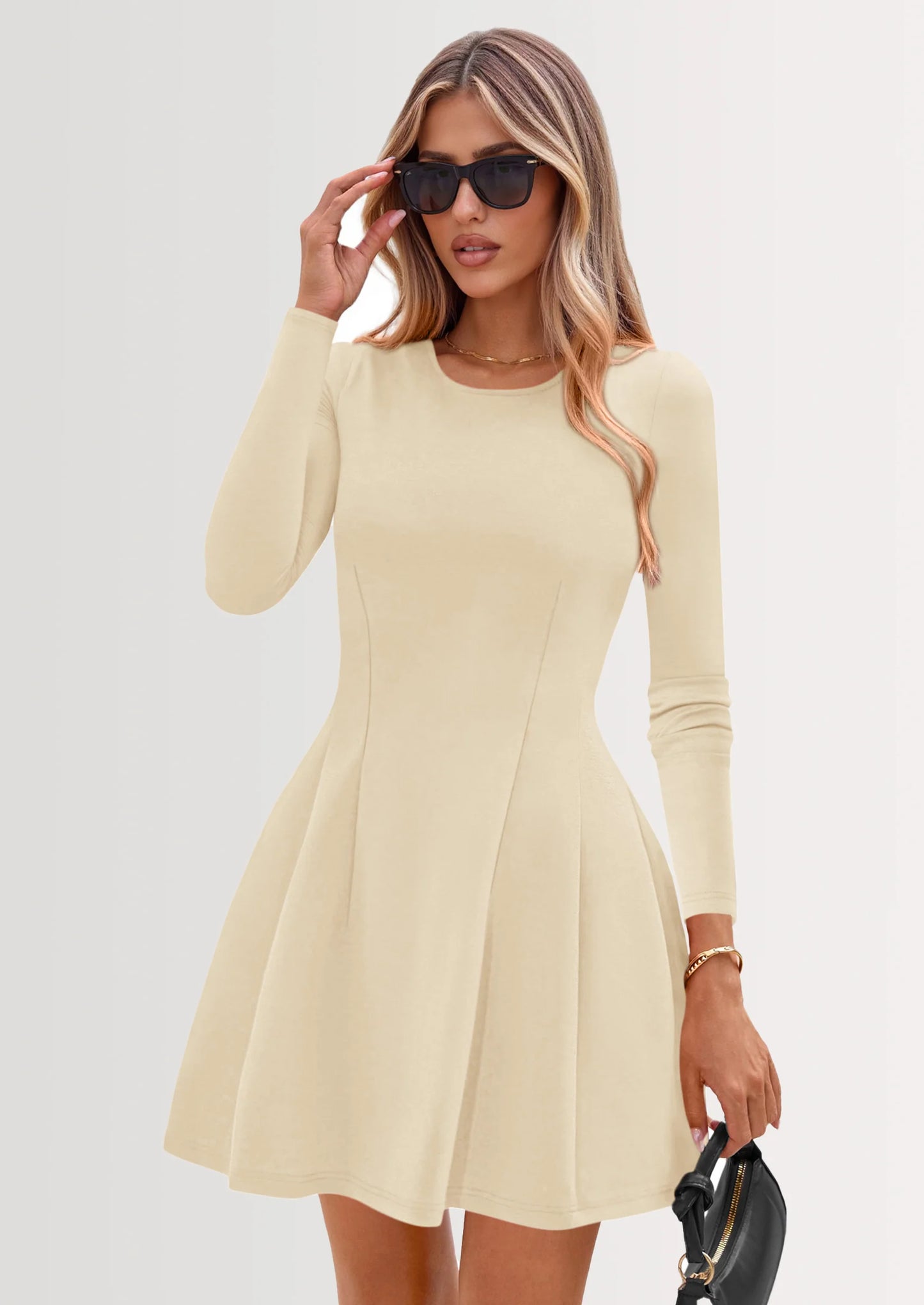 Long Sleeve Mini Dress for Women Fall Crewneck Knit Pleated Babydoll A Line Soft Casual Short Party Dresses