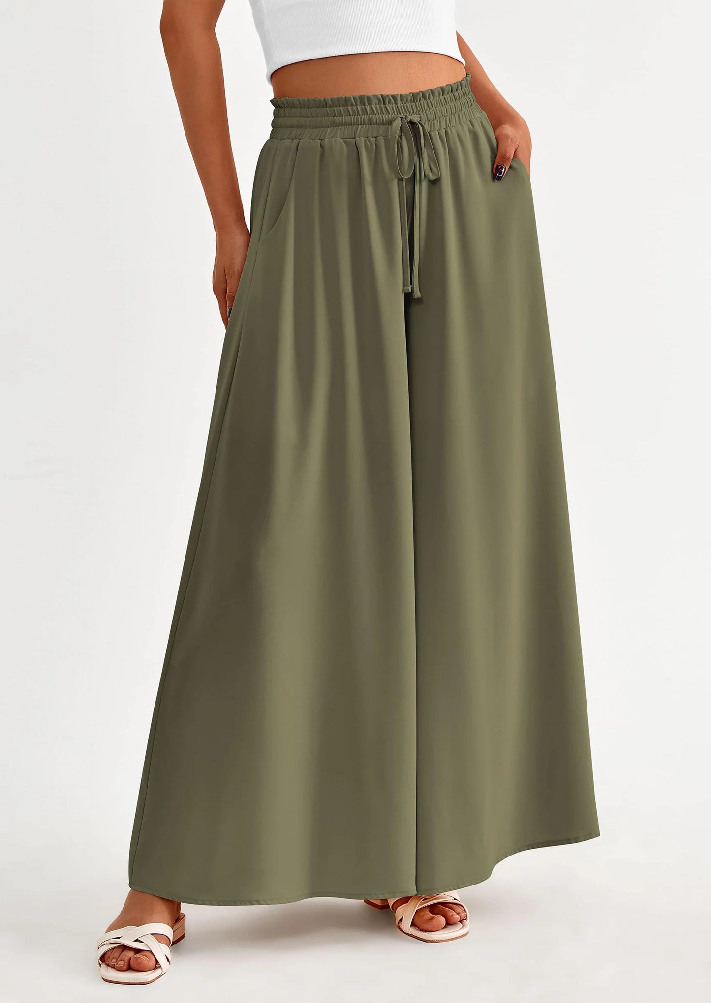 Women's Summer Wide Leg Palazzo Pants High Waisted Flowy Pockets Trendy Casual Lounge Boho Beach Trousers