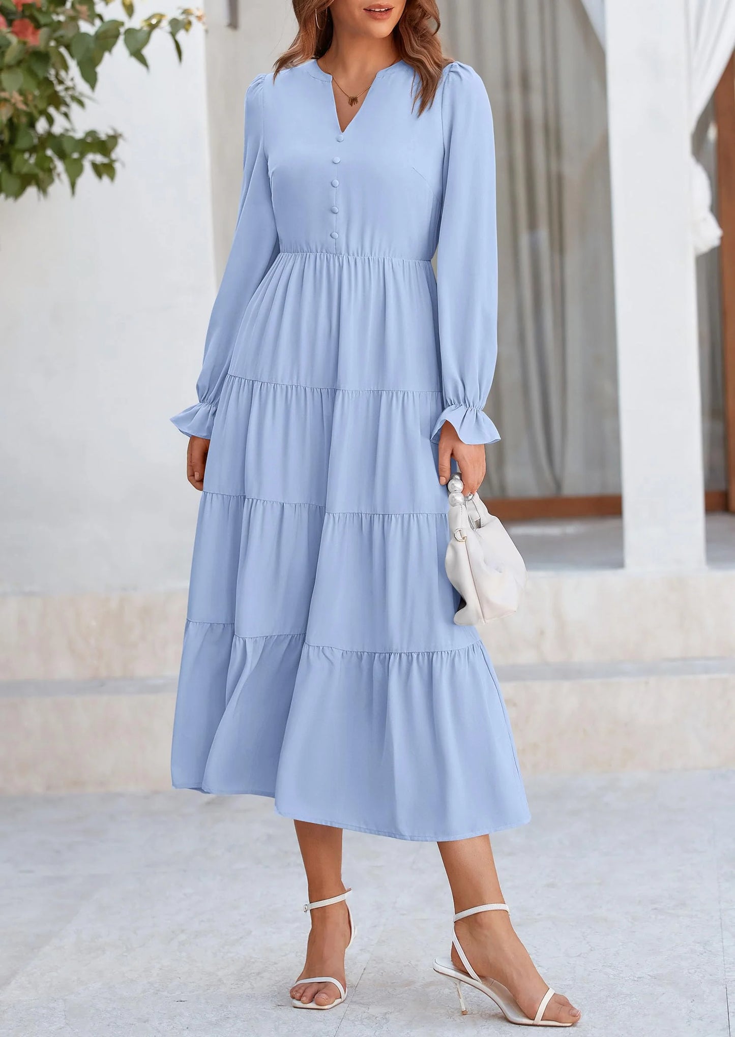 Women Fall Long Sleeve Smocked Maxi Dress Casual Square Neck Swiss Dot Tiered Ruffle Flowy Spring Pocket Dresses