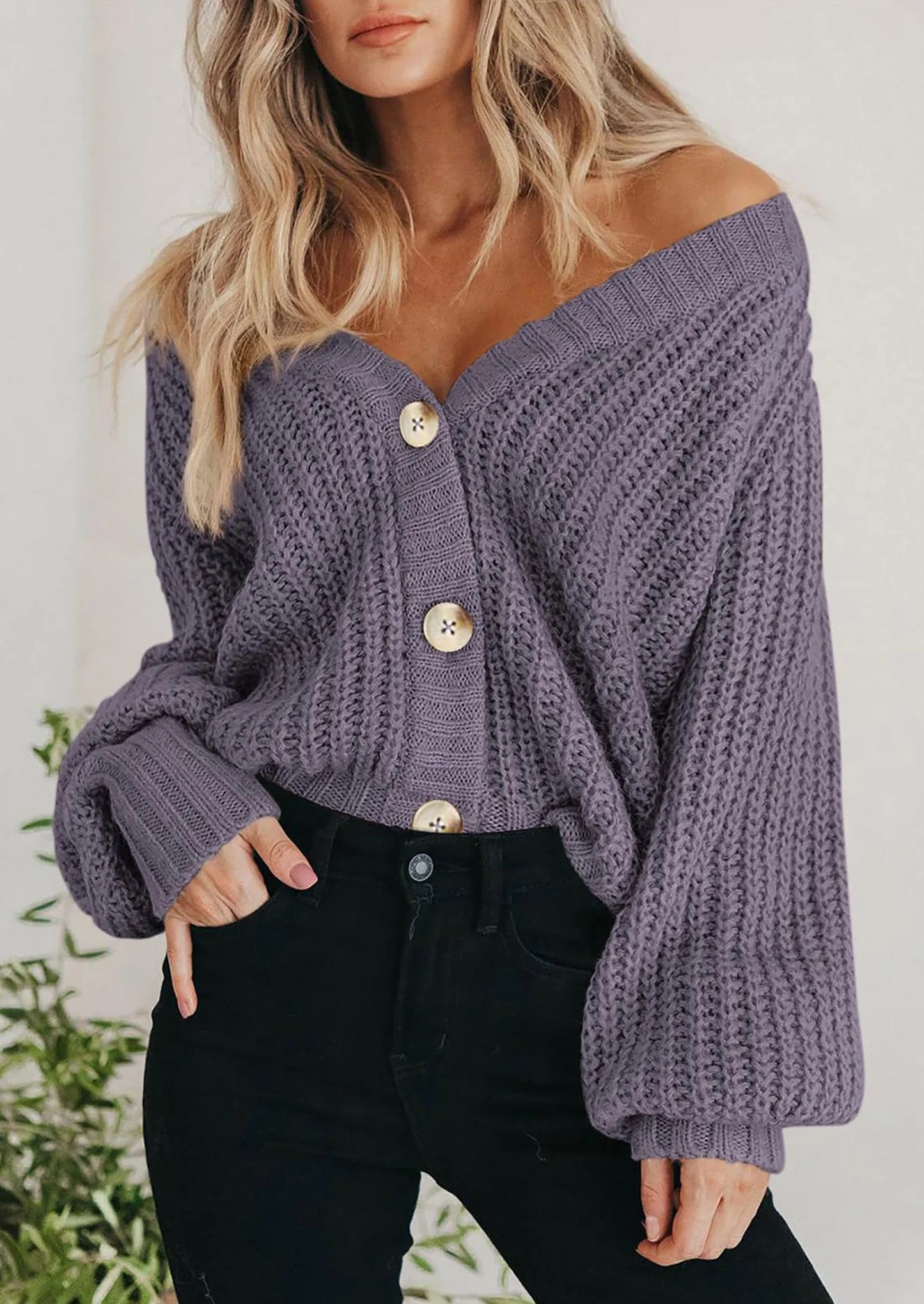 Women's Chunky Knit Open Front Sweater Long Sleeve Button Loose Short Cardigan Outerwear Coats