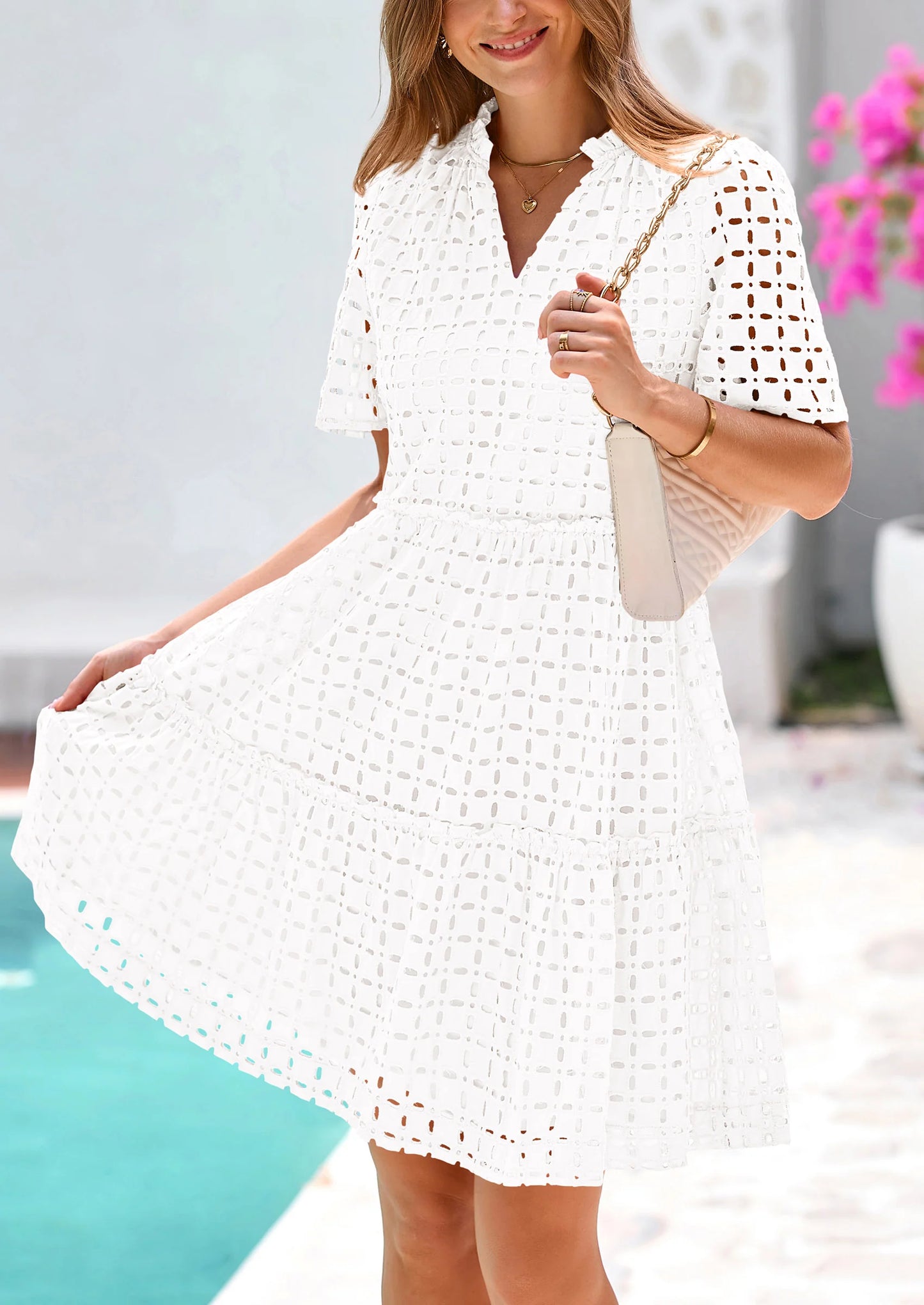 Women's Short Sleeve Mini Dress Summer V Neck Hollow Out Eyelet Ruffle A Line Swing Short Dresses
