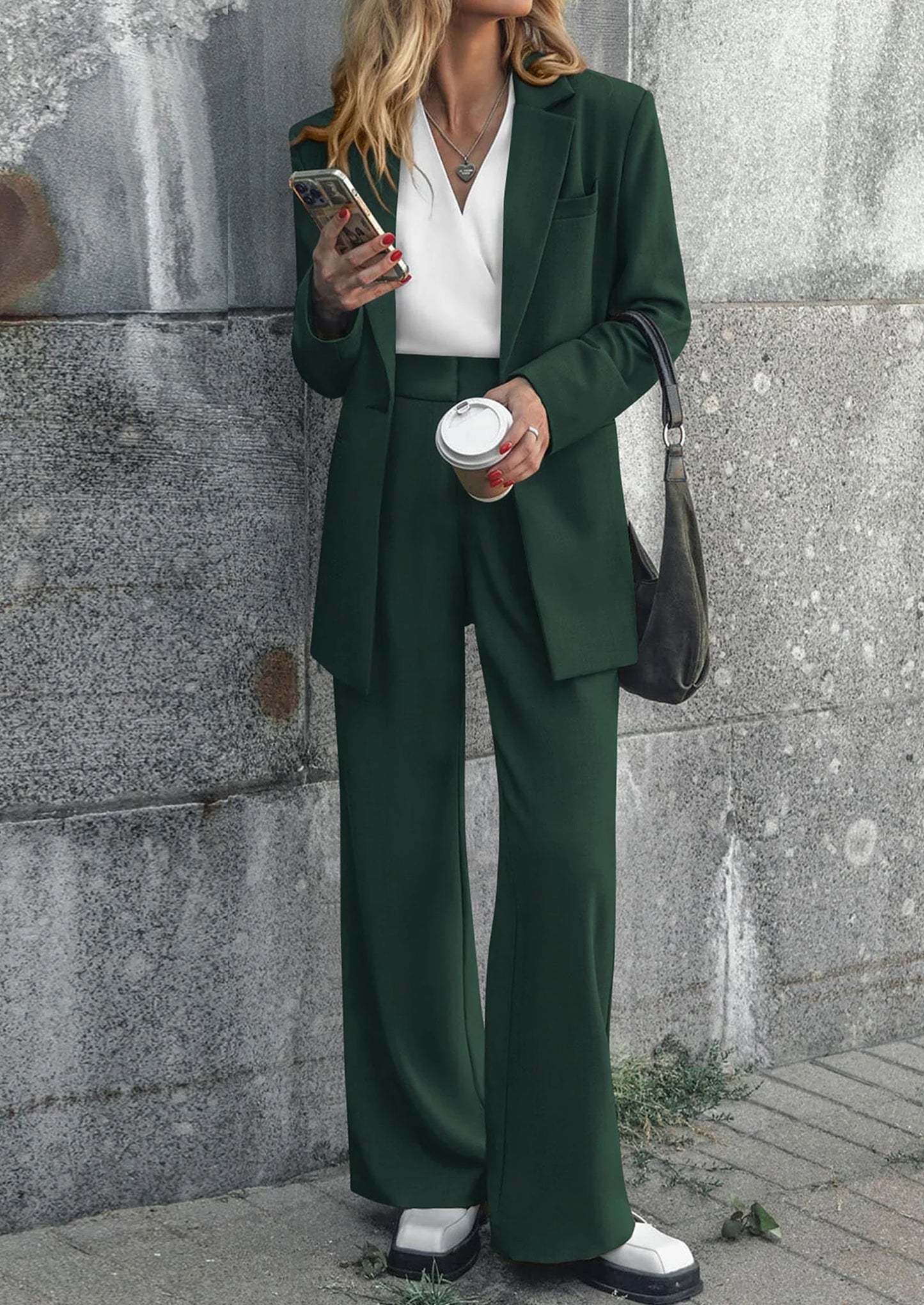 Women's Fall Two Piece Outfits Dressy Blazer Jacket and Wide Leg Pants Pockets Business Casual Office Suit Sets