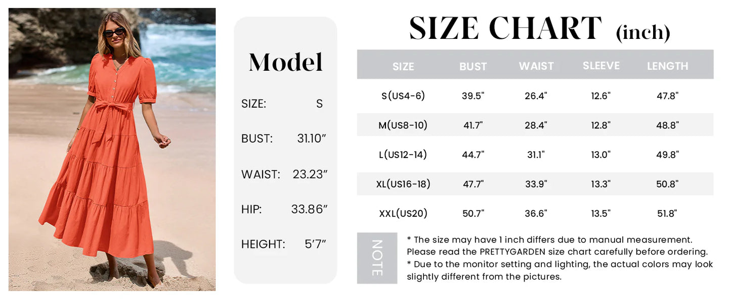 Women's Midi Dress Casual Short Sleeve V Neck Buttons Belted Ruffle A Line Flowy Dress with Pockets
