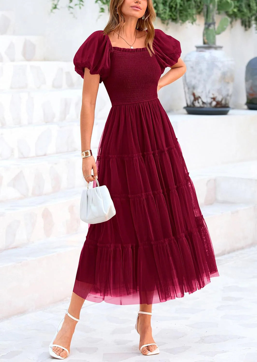 Women's Smocked Tulle Midi Dress Square Neck Puffy Short Sleeve Ruffle Wedding Guest Party Dresses