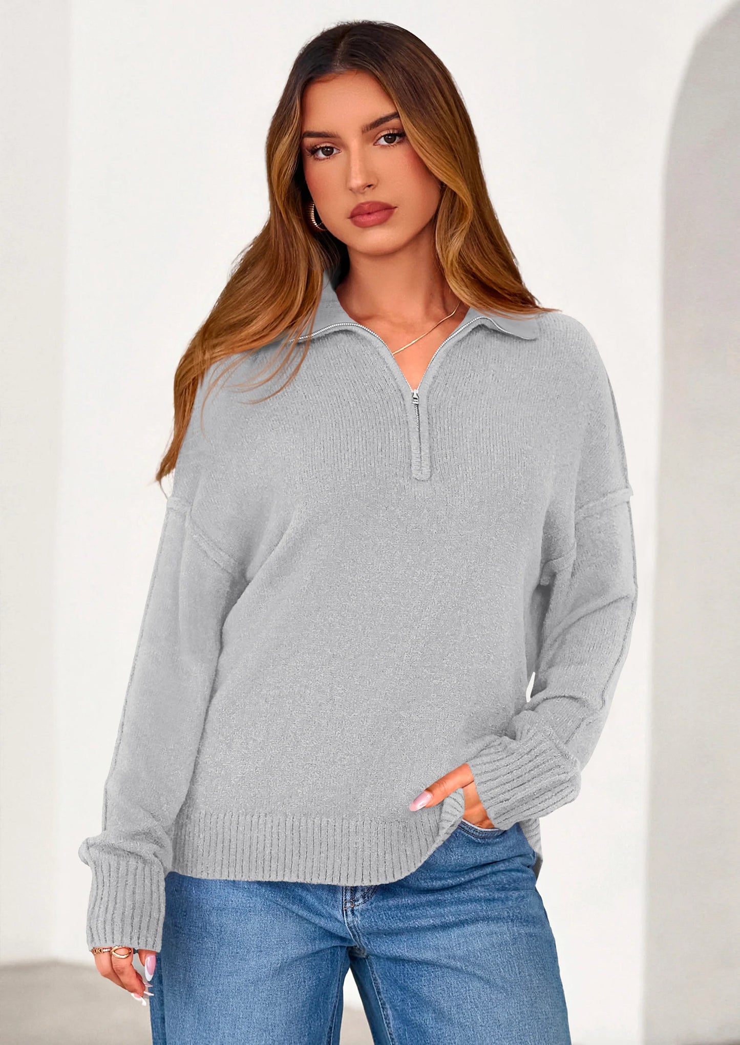Womens Sweaters Quarter Zip Pullover Early Fall Fashion Long Sleeve V Neck Collared Knit Winter Jumper Tops