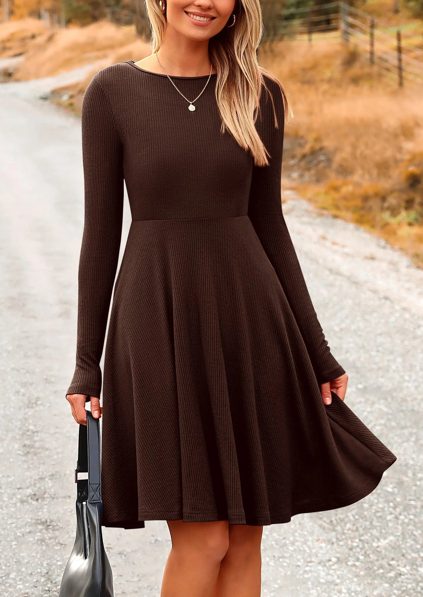 Women's Spring Fall Short Dress Ribbed Knit Crewneck Long Sleeve A Line Flowy Casual Elegant Going Out Dresses