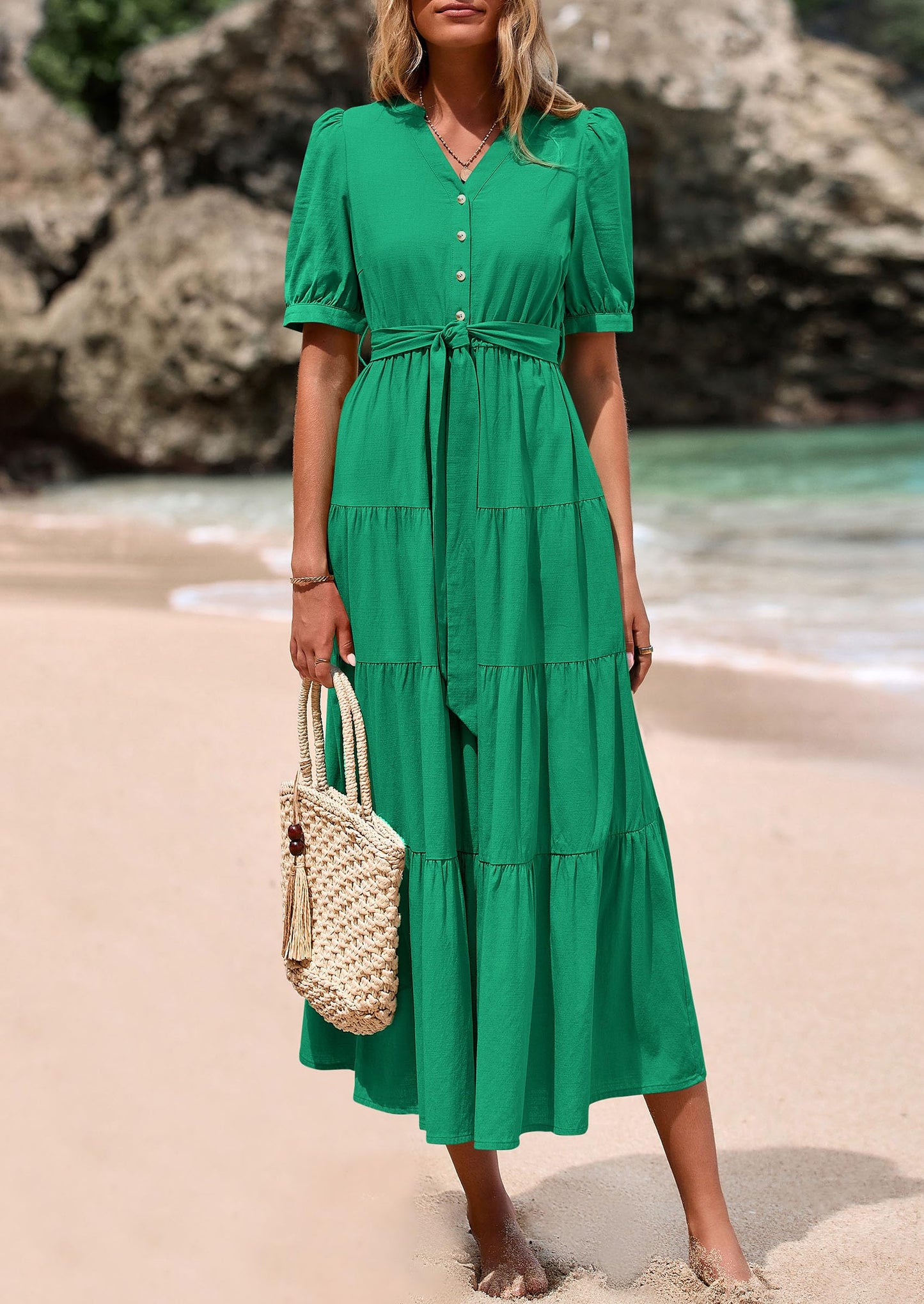 Women's Midi Dress Casual Short Sleeve V Neck Buttons Belted Ruffle A Line Flowy Dress with Pockets
