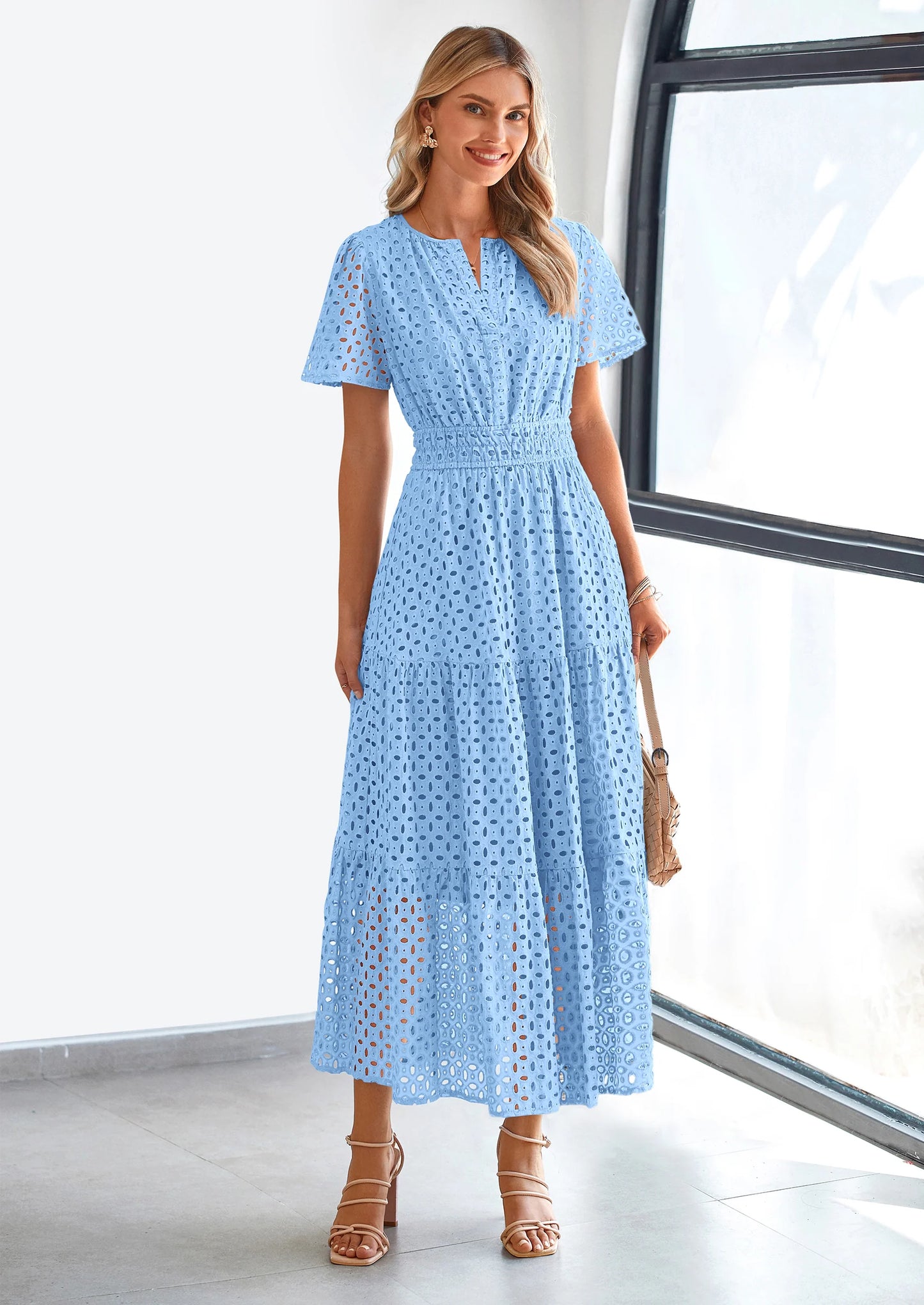 Womens Maxi Dress Short Sleeve V Neck Hollow Out Eyelet A Line Long Flowy Beach Vacation Dresses