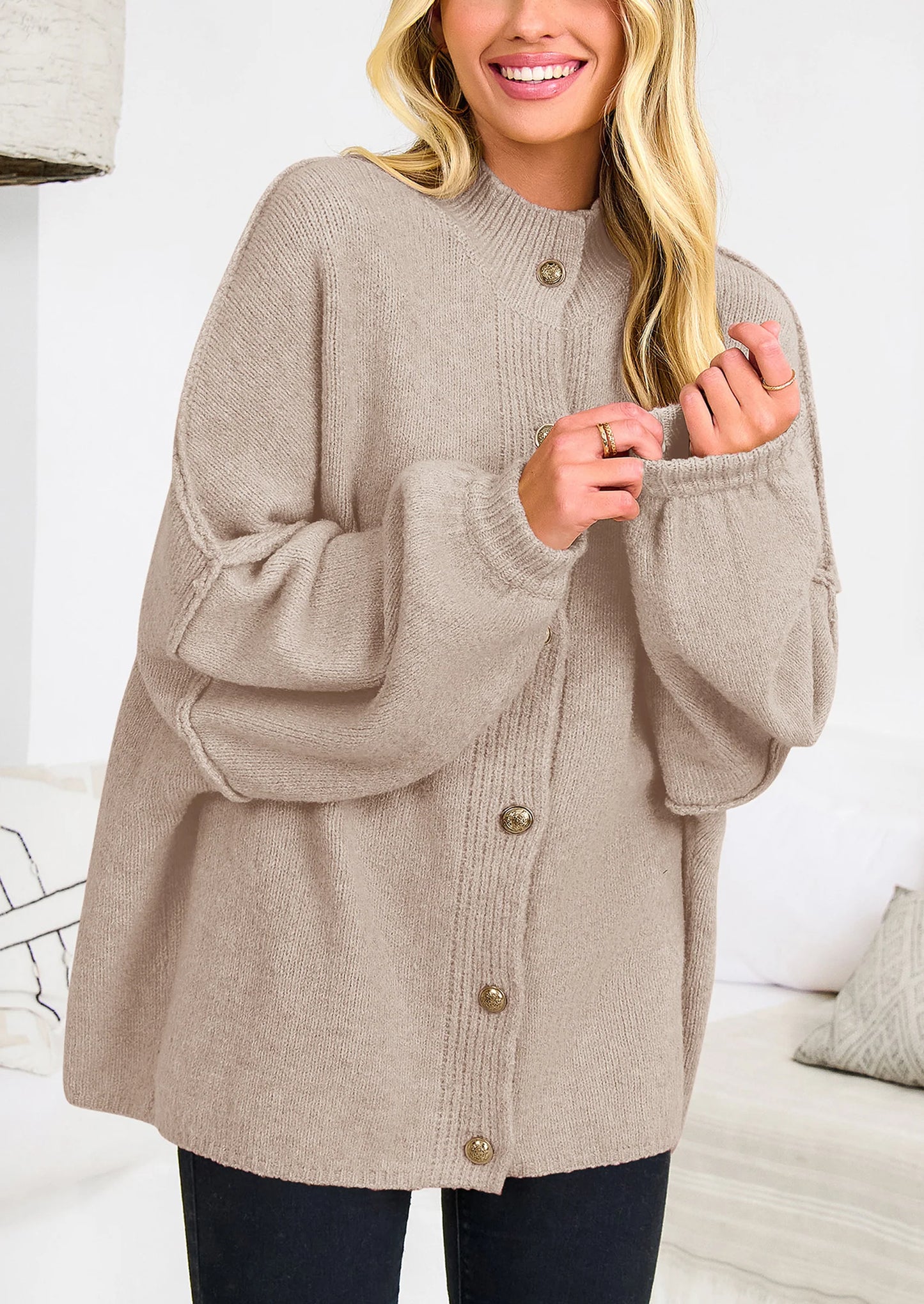 Women's Winter Button Down Cardigan Sweaters Mock Neck Lantern Long Sleeve Chunky Knit Jacket Trendy Outerwear
