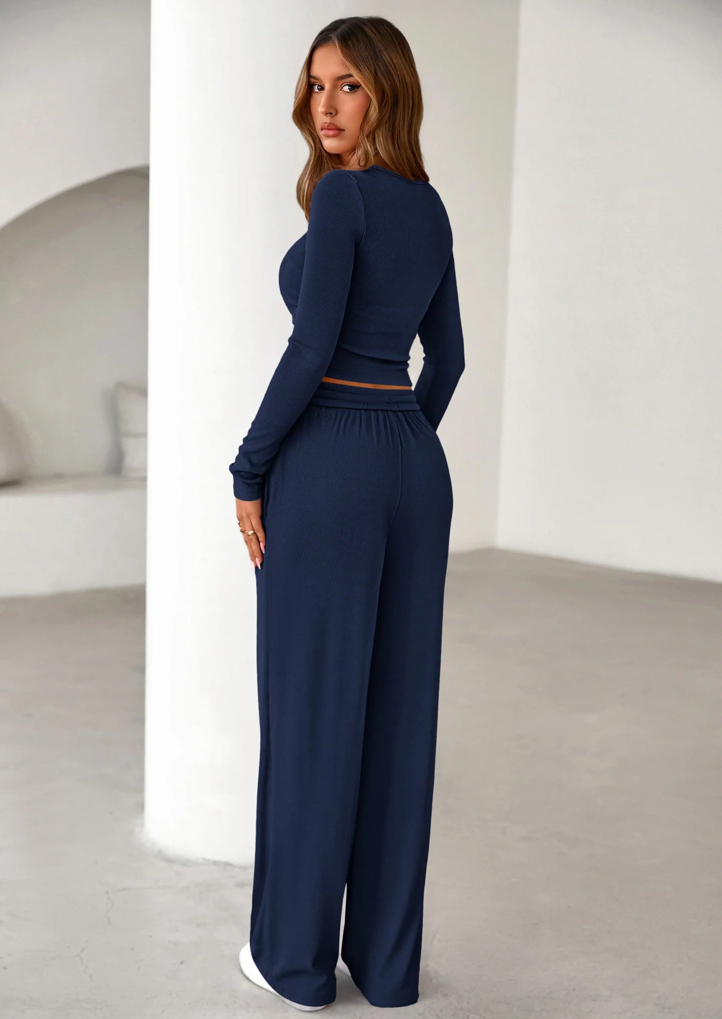 Women's Fall Trendy 2 Piece Outfits Lounge Sets Long Sleeve Top Henley Shirts Wide Leg Pants Travel Clothes