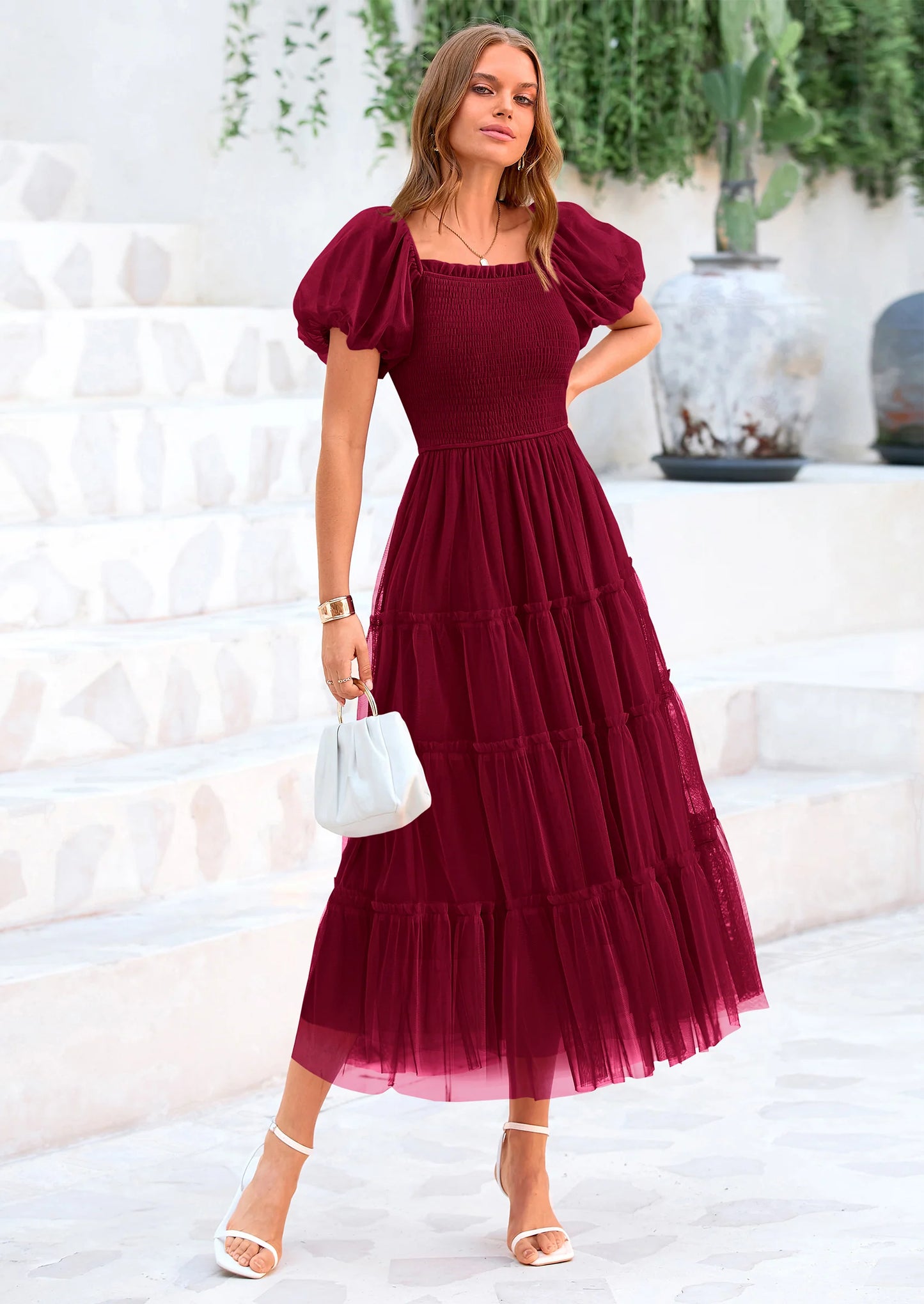 Women's Smocked Tulle Midi Dress Square Neck Puffy Short Sleeve Ruffle Wedding Guest Party Dresses
