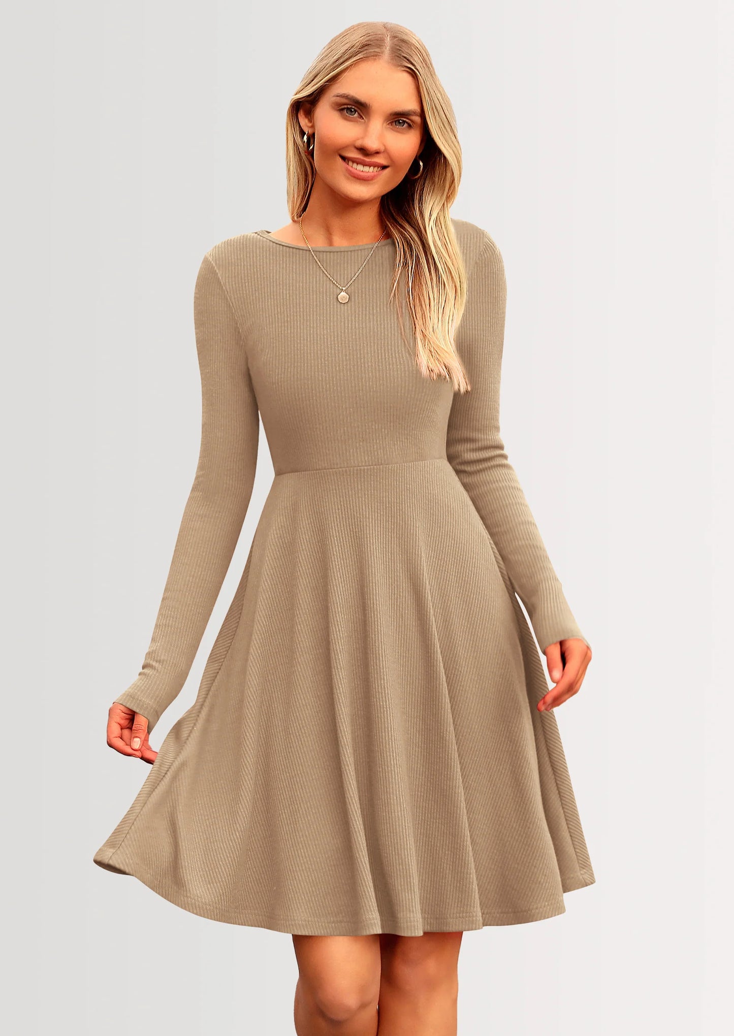 Women's Spring Fall Short Dress Ribbed Knit Crewneck Long Sleeve A Line Flowy Casual Elegant Going Out Dresses