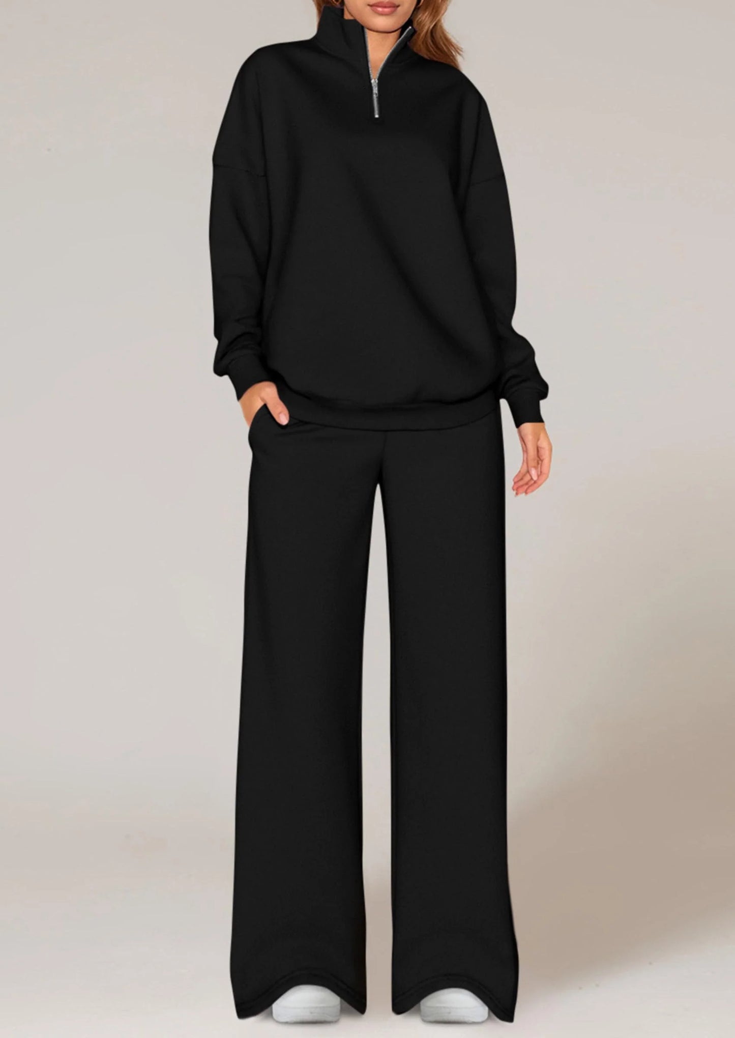 Womens Casual Two Piece Sets Fall Outfits Quarter Zip Sweatshirts Straight Leg Pants Sweatsuits Tracksuit