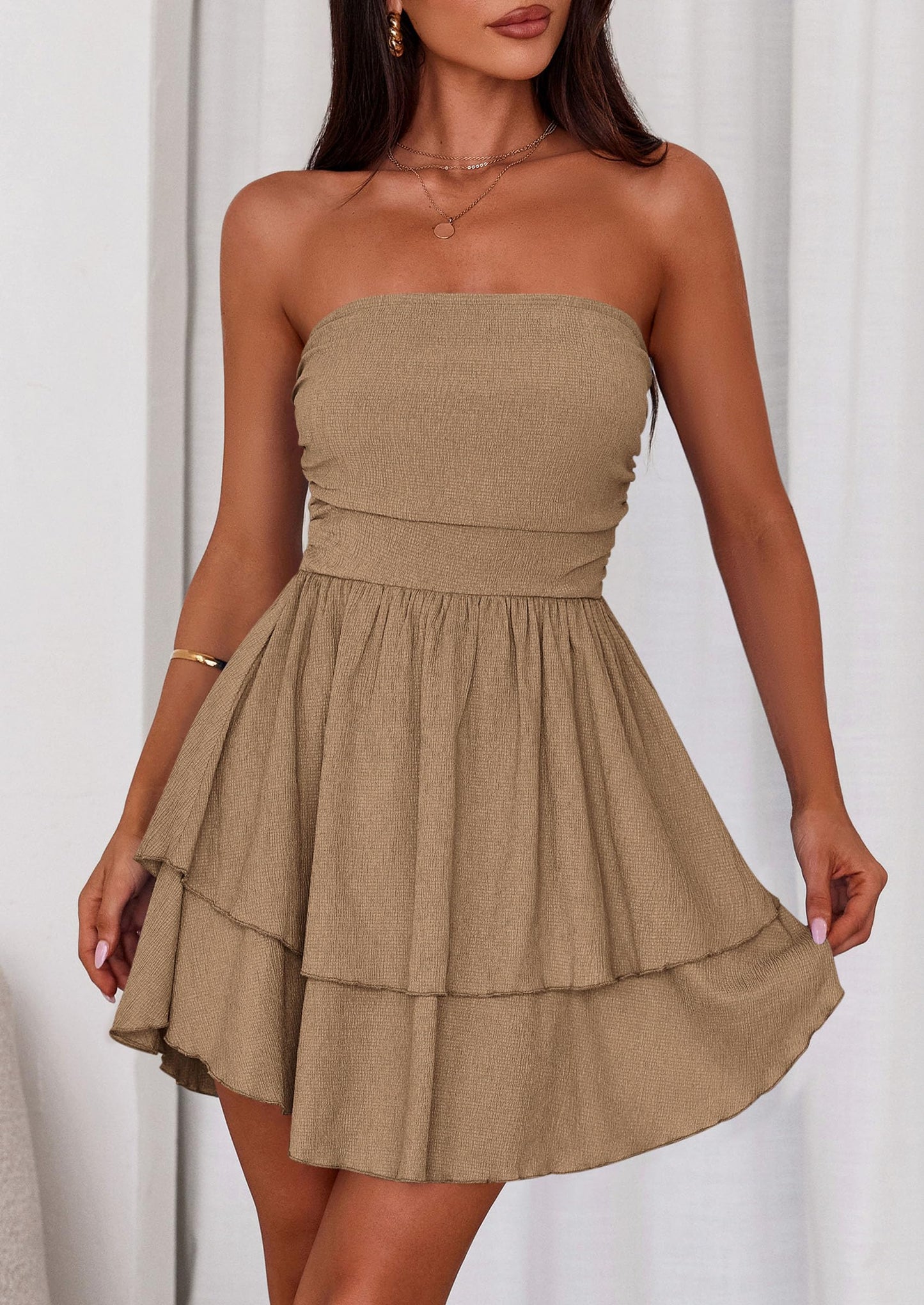 Women's Summer Strapless Tube Mini Dress Off Shoulder Smocked Ruffle A Line Flowy Short Party Club Dresses